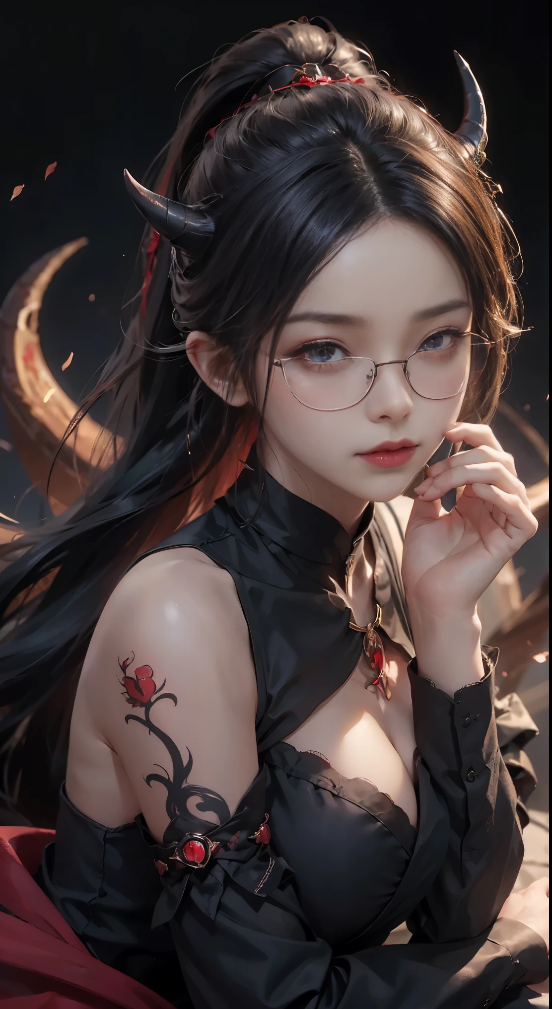 Are you okayですか、(best illustrations)、8k UHD resolution、intricate details、highest quality、realistic、Super detailed、best lighting、best shadows、soft lighting、Ultra HD、超realistic、Tyndall effect、Photoreal、(high detail skin:1.2)、 (intricate details, compensate, face to face with the children_v1:0.5), (Fine, beautiful and delicate face, Are you okay, beautiful and delicate eyes, perfectly proportioned face, high resolution skin, fine skin, Optimal ratio of 4 fingers and 1 thumb, arm under chest, red tattoo on lower abdomen、wow wow, wide hips, smooth abdomen, thin and thin skin, __fashion__, __hair__:1.25)、Digital single-lens reflex camera、 absurd、地獄から来た美しいdevilの女性, Surreal female portraits by David Hockney and Alphonse Mucha, Portrait of a seductive woman、fantasy art, chinese doll、Chinese actress、dungeon、dragon、devil'Palace of、devil'torture chamber、night、dark style 、in the dark、(detailed spooky background:0.8), magic、 1 girl、evil nun、dark necromancer、Succubus、devil'Daughter of、Shinonome Umi、bat wings,(((devil'horn)))、 ((((giant glasses, otaku glasses, thick glasses, round glasses)))),(((big breasts)))、(devil'tail of)、(red eyesは光り輝いて:1.6)、red eyesは非常に鮮明で詳細です, The eyes are made up very beautifully, ((red eyes:1.0)),intricate tattoo, demonic intricate tattoo, Tattoo on the thigh, body tattoo, masterpiece、the most beautiful face、baby face、cute smile、beautiful plump red lips、muscular seductive body、devil'seductive body、devil style、Fascinating black magic costume、(((光沢のある赤い蛇が彼女body ofに巻き付いています)))、The long-haired、Braid、Black hair、Ponytail distortion、, Ponytail with a bow tied at the back of the hair, beautiful expression、body up、big breasts強調、bust, super tight chest, Breast augmentation surgery, The chest is very large and round,tight waist、wide ass、 discreet key, cowboy lens, (Black Phoenix Dress: 1.0), devil crown, red sparkling gemstone necklace、Jewelry G Wise, Please wear black mesh socks,wearing a thin red and black robe, Hands pull the straps to expose sexy breasts, Protagonist Close-up, nffsw, nffsw, meet beautiful girls, looking at girl'body of,(upper body portrait), Protagonist Close-up