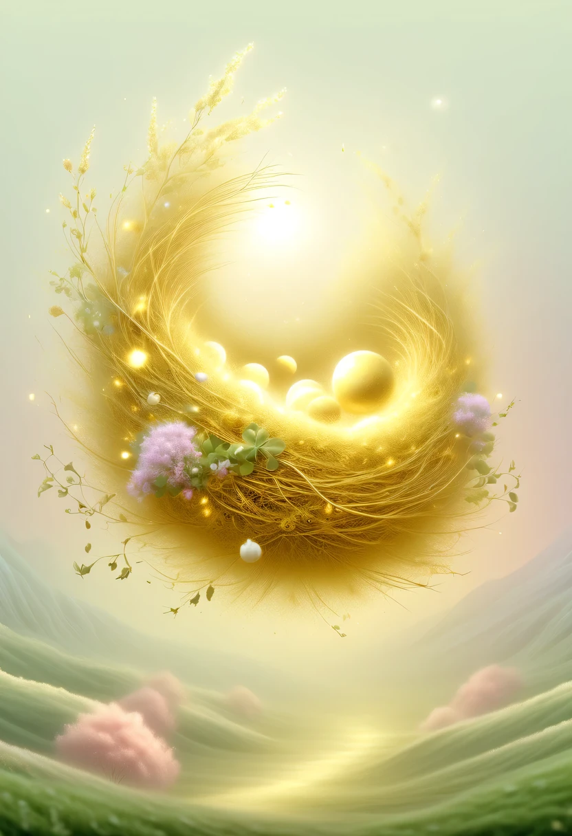 golden nest,pastel tones,Light style,Comfortable and calm,nature,warm and cozy,garden,hyper detailed masterpiece, Dynamic, good quality,Floating Extra Large Ethereal Dream DonMW15pXL