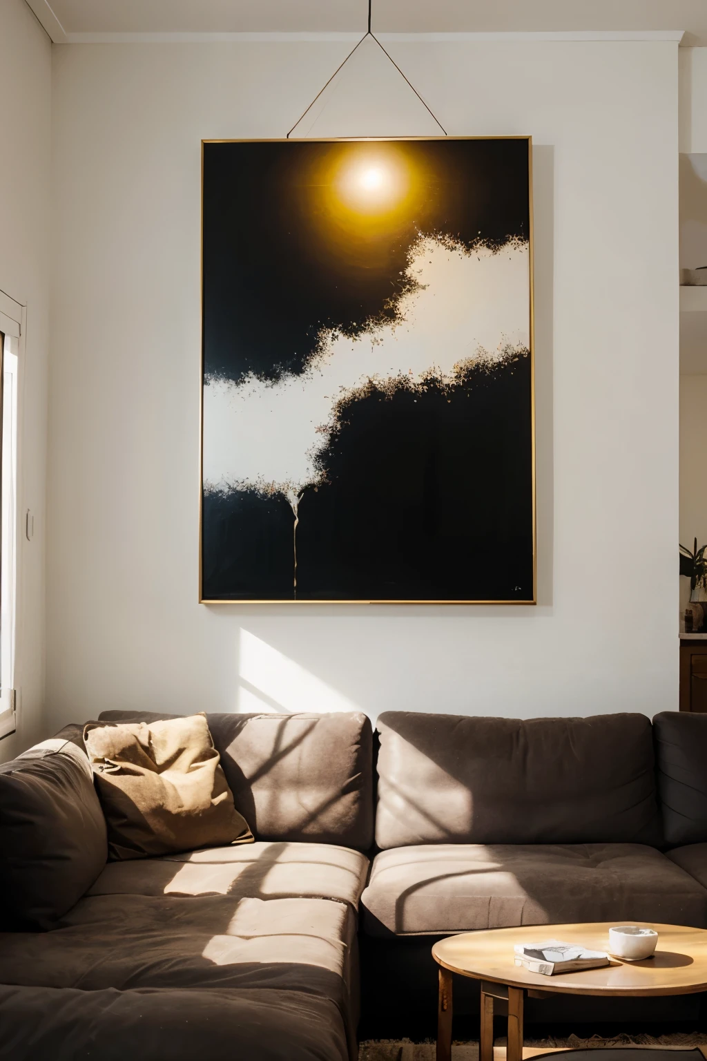 wide oil painting hanging above sofa, large living room, blancas paredes, ilumina