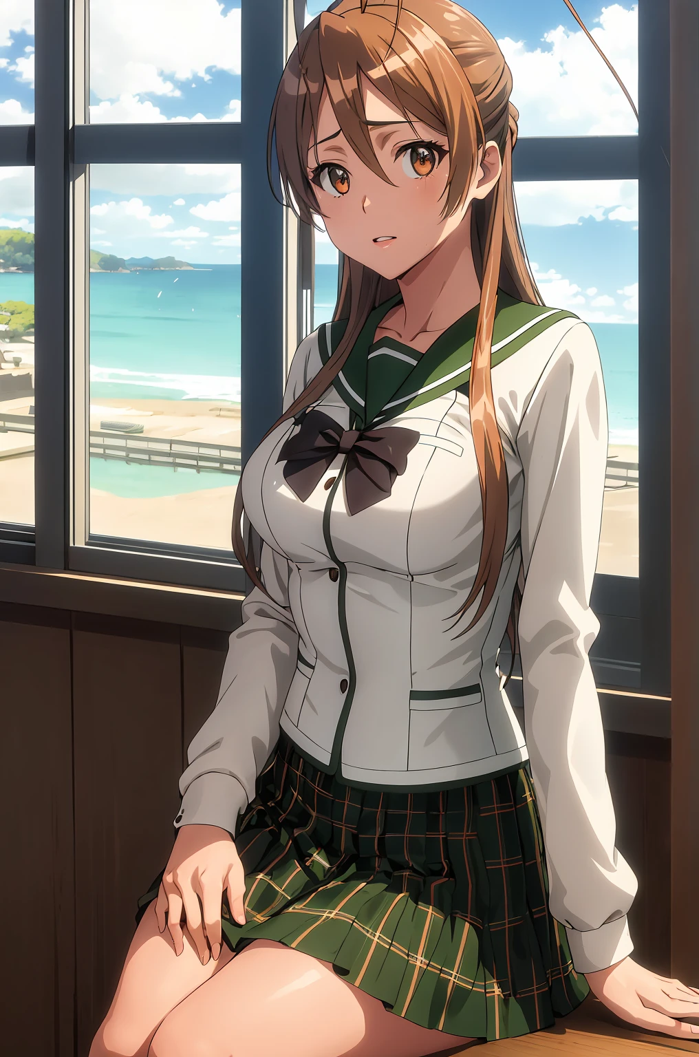 masterpiece, highest quality, High resolution, 1 girl, rei miyamoto,brown hair, long hair, bangs, brown eyes, medium breasts,Sailor suit with green collar, white shirt, black skirt, plaid skirt, sliding windows,School,in front of the open window,Hair fluttering in the wind,You can see the ground from the window,detailed background,detailed fingers,detailed hands,detailed eyes,detailed lips,Non-unnatural hands,Non-unnatural fingers,Sitting by the window