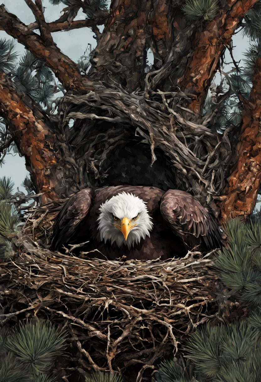 An eagle perched in its massive (nest:1.3), in a pine tree, natural colors, nature colors, Hyper-detailed messy mixed-media masterpiece painting, insanely detailed, by Russ Mills and Alberto Seveso and Agnes Cecile and Jean-Baptiste Monge, zoomed out, intensified cerebral spatterpaint, sharply detailed, sharp focus, uhd, light streaking up
