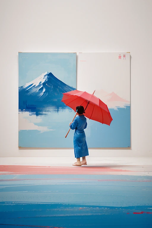 Minimalist blue and pink painting, Chinese calligraphy brush strokes, white and light blue, minimal pink. Small figure with red umbrella emphasizes vast, open space, Artistic style conveys a spacious, serene journey