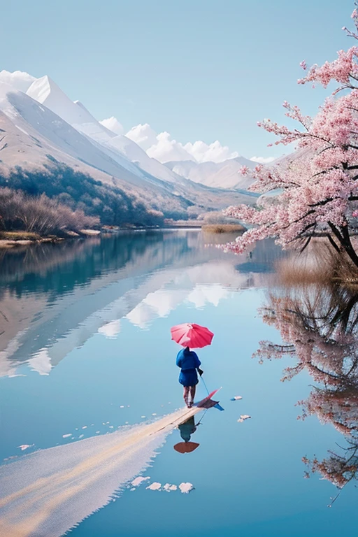 Minimalist blue and pink painting, Chinese calligraphy brush strokes, white and light blue, minimal pink. Small figure with red umbrella emphasizes vast, open space, Artistic style conveys a spacious, serene journey