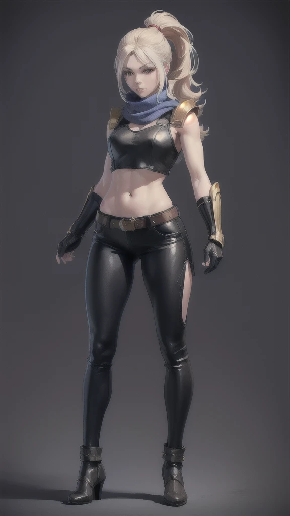 (masterpiece, best quality, chromatic lighting, professional quality),1girl, solo, blonde hair, high ponytail, realistic body proportions, looking at viewer, lips, leather leggings, padded armor, long neck scarf, long hip scarf, boxer, fighting pose, arm gauntlet, simple background, sfw, full body, steampunk, fantasy, anime, dungeons and dragons