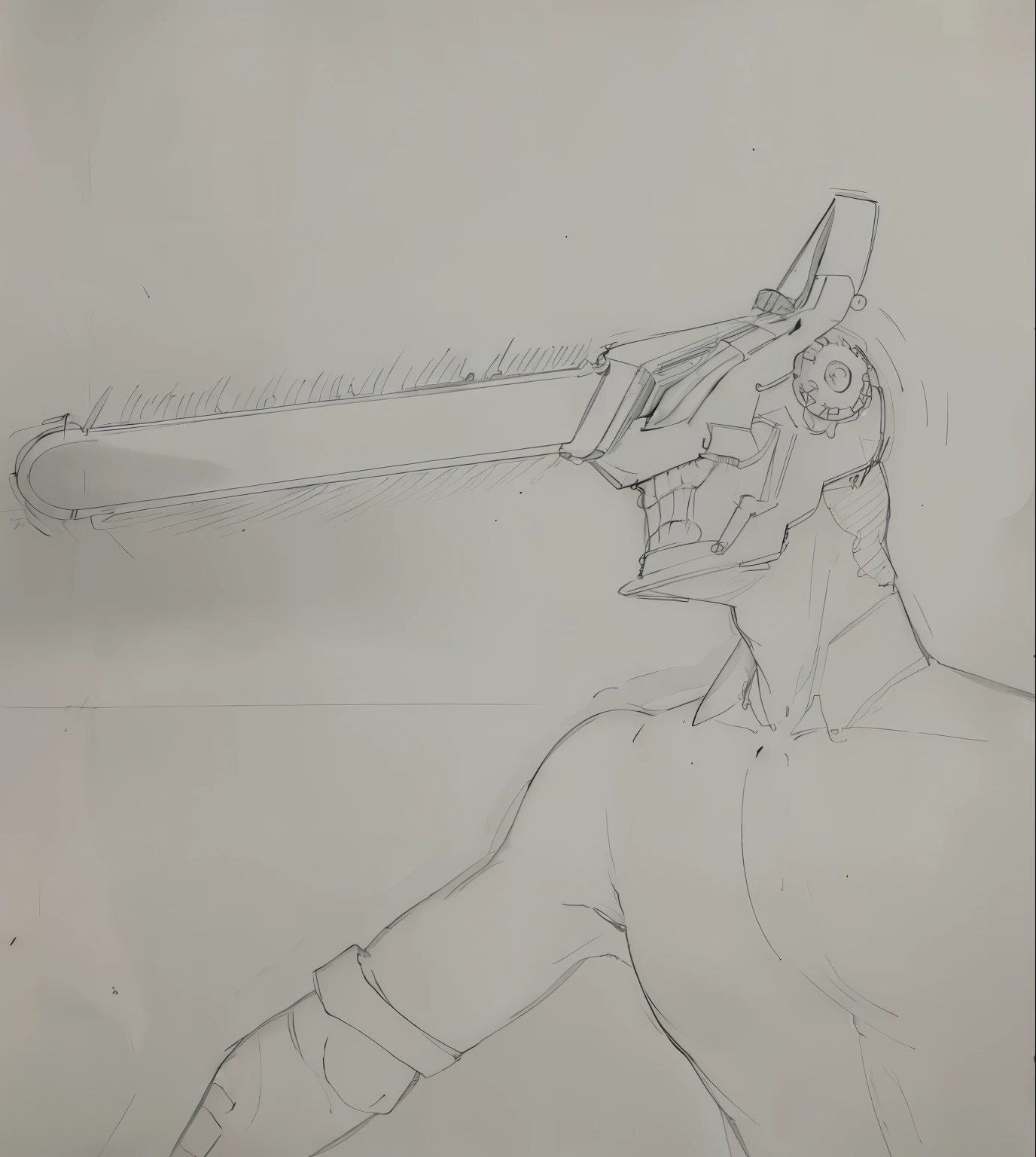 drawing of a man with a chainsaw in his hand, chainsaw sword, outline sketch, outline drawing, chainsaw man, inspired by theCHAMBA, thick outline, inspired by Sir Jacob Epstein, chainsword in the other, inspired by Kawabata Ryūshi, faded drawing, detailed but rough, clean anime outlines, dissection sketch, continuous line drawing, a drawing