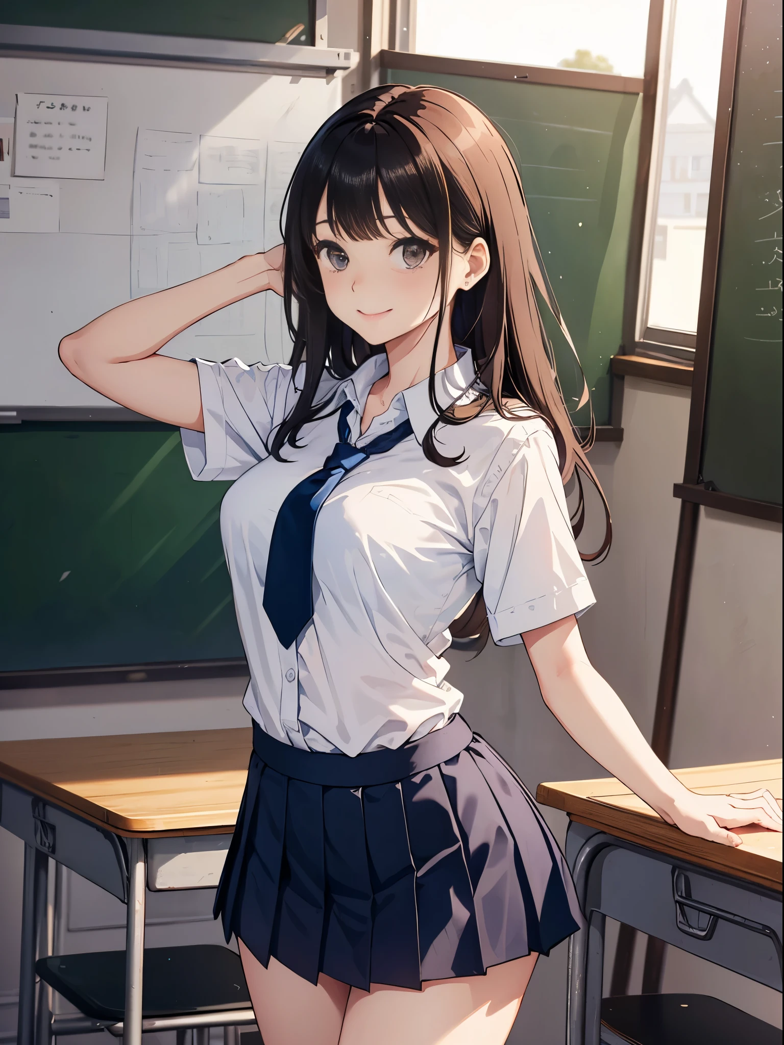 masterpiece, highest quality, beautiful illustrations,cowboy shot,(1woman,solo),25 year old beauty、brown hair、long hair ,blunt bangs,natural makeup、delicately drawn eyes、brown eyes,a smile,(perfect proportion,slender body,skinny,medium breasts,school clothes、navy blue tie、white collar shirt、navy pleated skirt、mini skirt、Black High Socks、daytime、sunlight、classroom、school building、Schools in Japan、