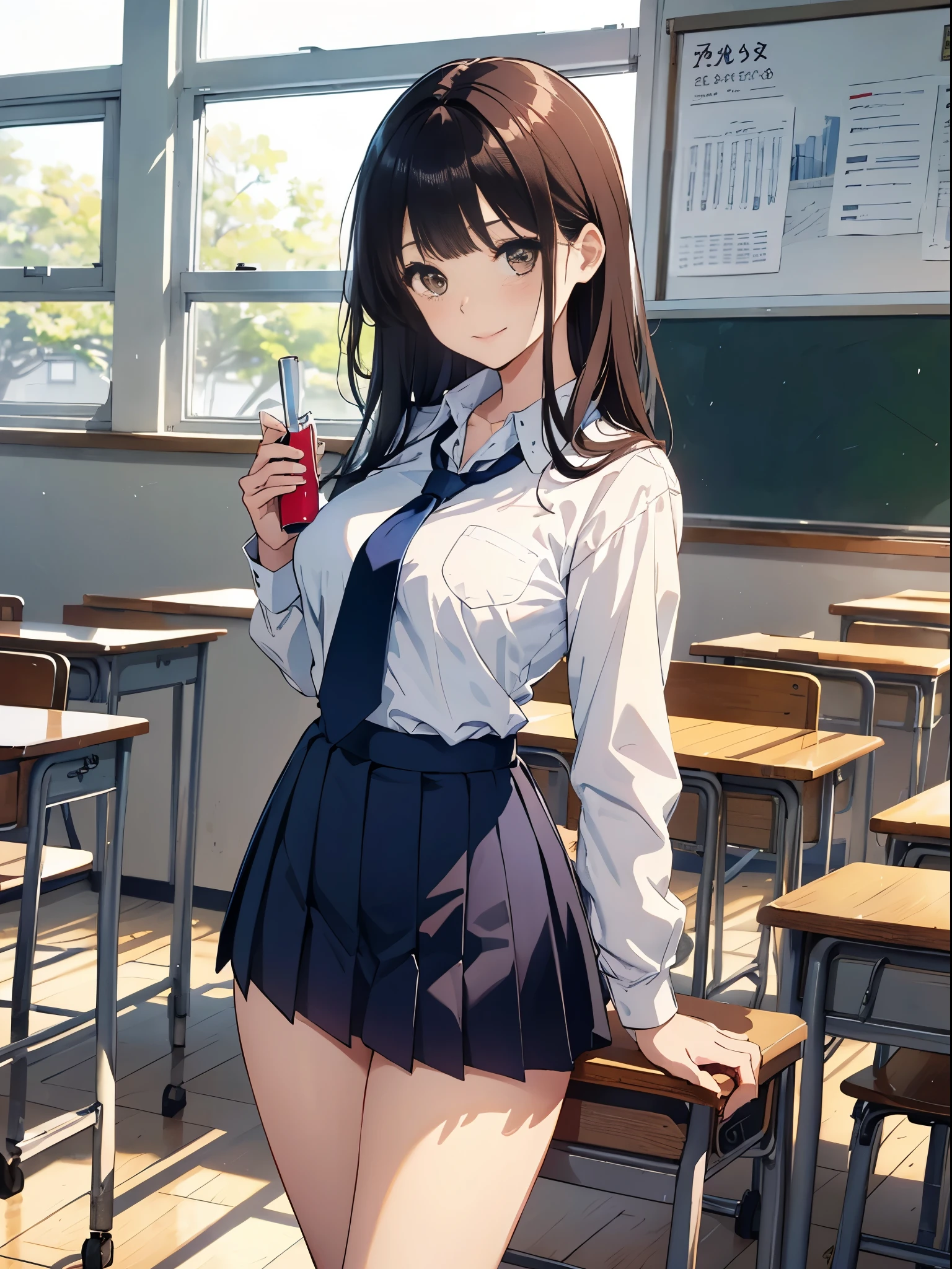 ((table top, highest quality, High resolution, perfect pixel, written boundary depth, 8K)), 1 girl, high school student, beautiful girl, ((brown hair, curly hair:0.8)), ((green eyes:1.4, beautiful eyelashes, realistic eyes)), ((detailed face)), (embarrassing:1.3, blush:1.5, ecstasy:1.3, Last:1.4, so stupid:1.3), drooling:1.2, ((smooth texture:0.75, realistic texture:0.65)), medium breasts, dynamic angle, perfect body, sweaty, red bow tie, school uniform, black jacket, open jacket, Brown cardigan, (transparent white shirt and underwear), black skirt, plaid skirt, ((pussy juice:1.5)), smile