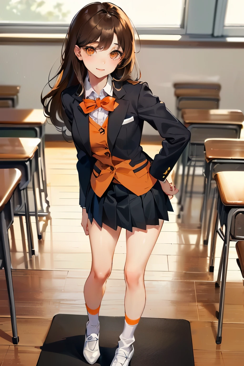 (((1girl))), ((best quality)), (((masterpiece))), ((ultra-detailed)), (illustration), (detailed light), (an extremely delicate and beautiful), (beautiful detailed eyes), (sunlight), ((extremely light)),
((((school blazer and a pleated skirt)))),
school girl,
wavy medium hair, (((dark brown hair))), (((long hair))),
(((deep orange eyes))),
((whole body)), aged 14 to 17,
diamond, beautiful, ((extra elegant)), (((condescending expression))), (sexually mischievous smile), (((extra adorable))), (((extra slender shape))),
(((standing in the classroom))),
(((extraordinarily thin thighs))),
(((mat white ankle socks))),