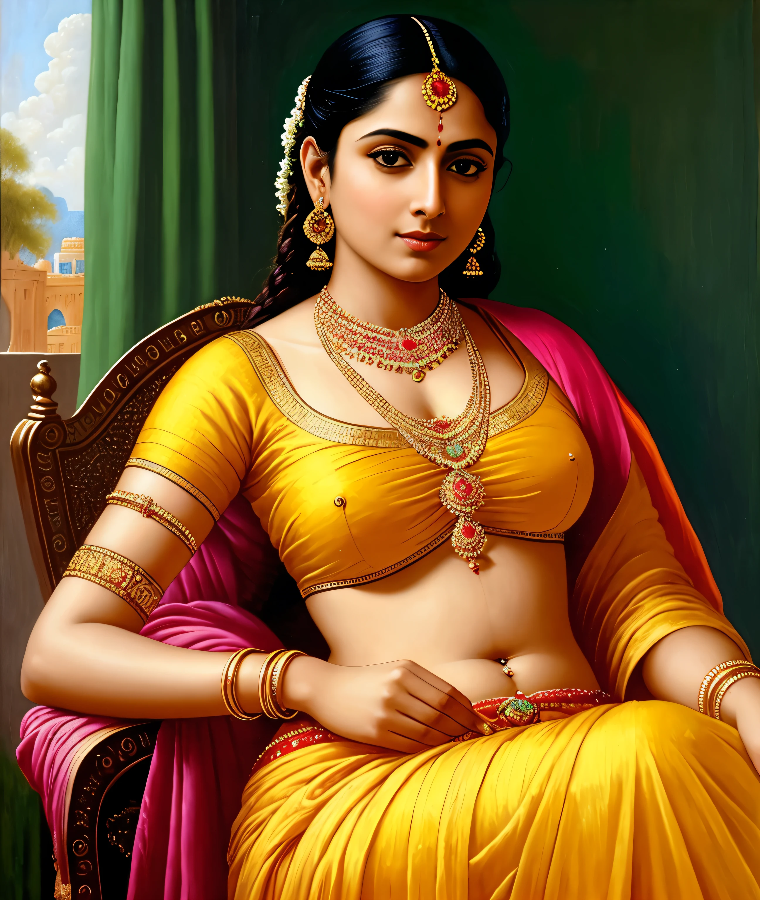 Bathing woman, gorgeous, Masterpiece,8k uhd, hdr, realistic, hyper realistic, intricate, vibrant colour, painting of a woman in a sari sitting on a chair, traditional beauty, inspired by Raja Ravi Varma, indian art, by Raja Ravi Varma, painting of beautiful, inspired by T. K. Padmini, painting of a woman, by Sardar Sobha Singh, gorgeous woman, oil on canvas painting, traditional painting, oil-painting