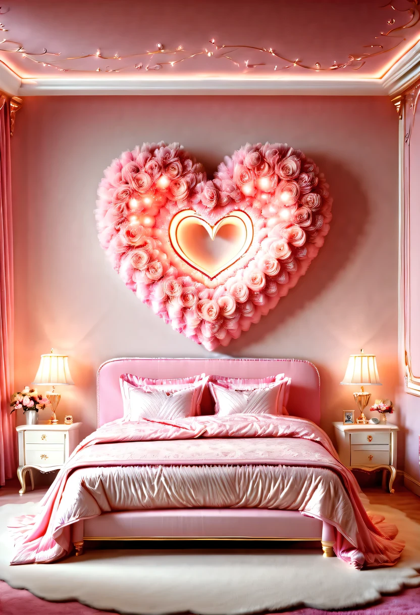 hyper detailed masterpiece, Dynamic, high quality,big pink heart, (bedroom:1.5),warm and cozy,beautiful design,Light luxury decoration style,Gentle and romantic