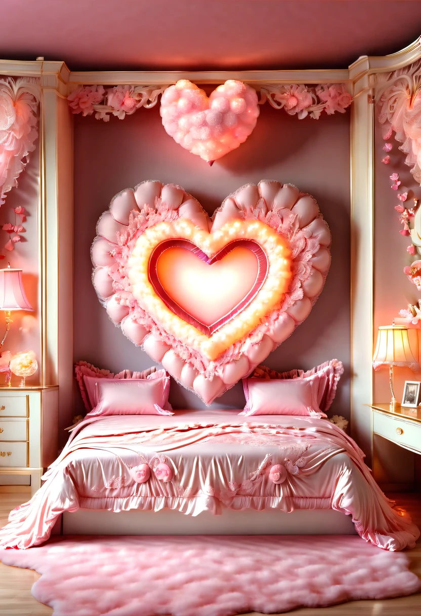 hyper detailed masterpiece, Dynamic, high quality,big pink heart, (bedroom:1.5),warm and cozy，beautiful design，Light luxury decoration style，Gentle and romantic