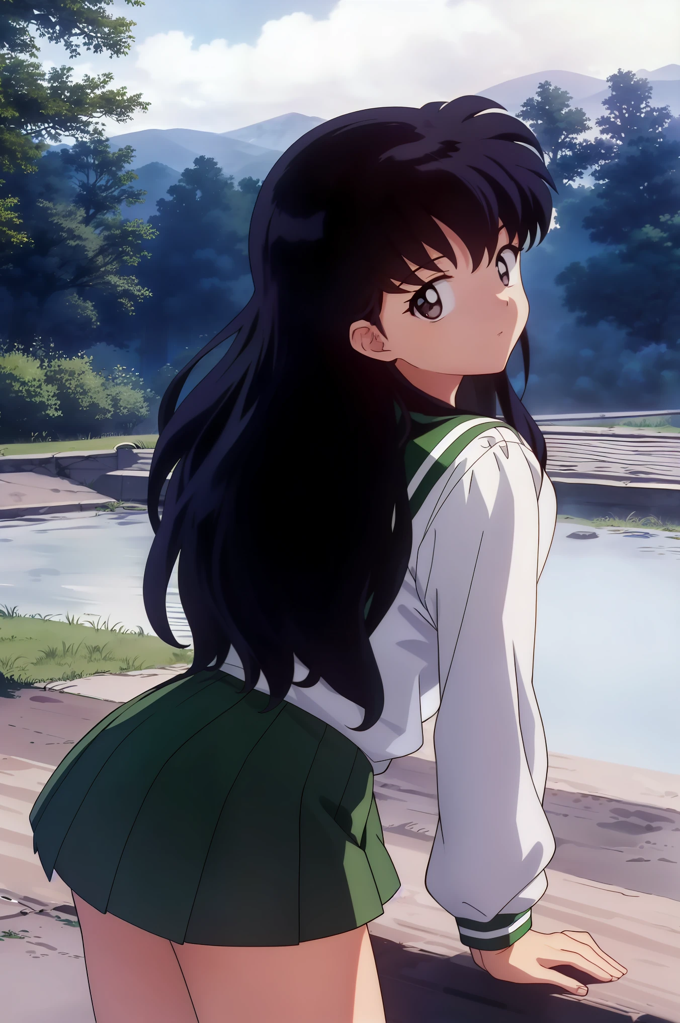 (Masterpiece: 1.6, Best Quality), (Fine Beautiful Eyes: 1.2), (best quality, masterpiece, highres), kagome higurashi, 1girl, solo, green school uniform, soft thighs , long sleeves, white socks, scenery , Best Quality, ((anime)) ((Colored)) HD, ,Standing, Green skirt, Red scarf, long  hair, Black hair between the eyes, Thighs are soft, school background