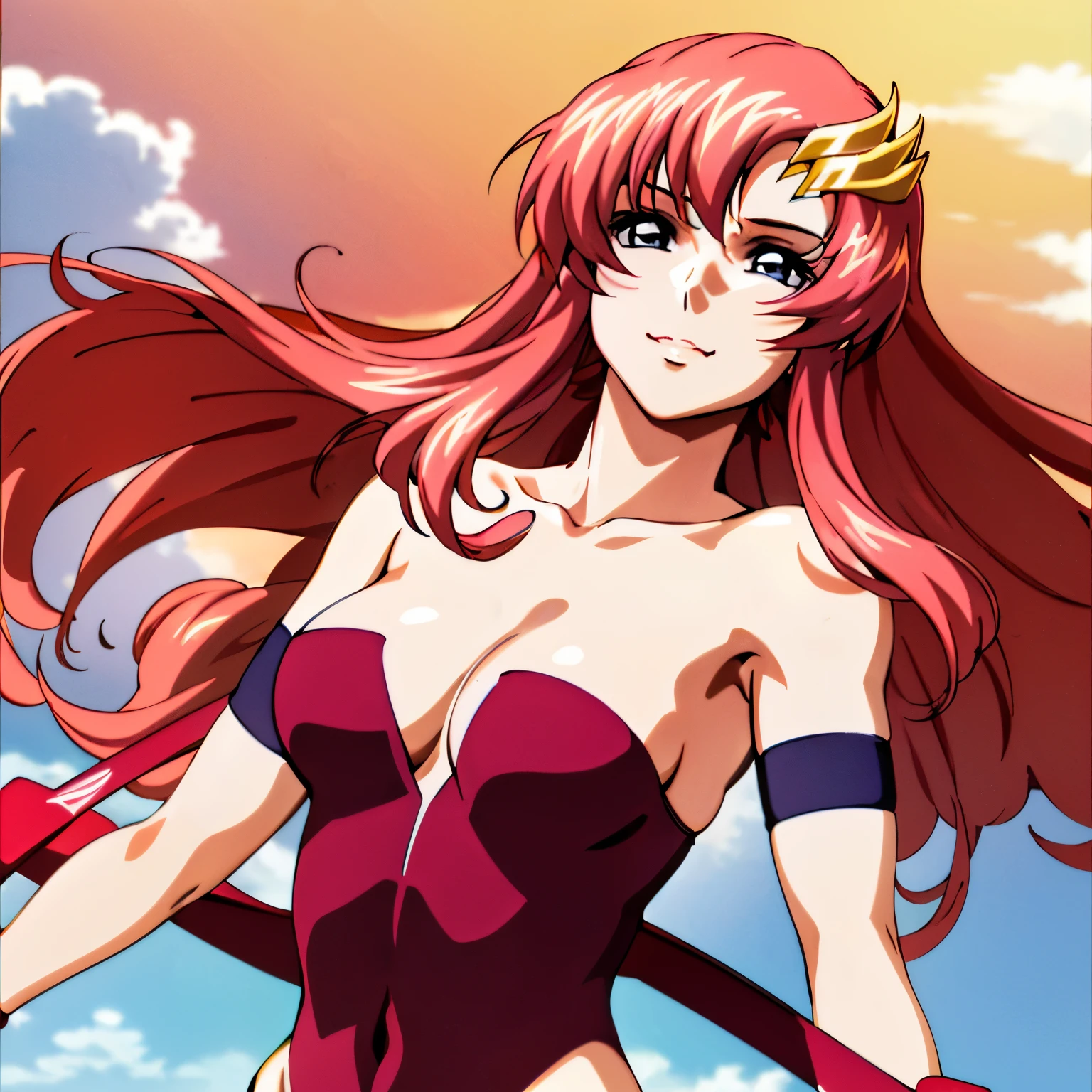 lacus4, solo, exposed navel, (masterpiece, upper body view, strapless, (very slim shoulders), 4K, Best Quality, Anime style: 1.9, happy, Adult Woman, (ultra detailed head), (cloud background, white skin), Drawing lines, high resolution, lacus4), 1girl, Solo, curvy figure, Long hair, 鎖骨, scapular, (Detailed wide hair bangs, Hair Ornament, Detailed reddish-pink hair, shiny streaks, slim arms, detailed golden crest), cleavage, large hands, (hair cover shoulders). (Big blue eyes, shiny eyes), ((female wrestler, (slim body), little biceps, slim arms, closed fists, thighs)), ((perfect proportions, medium breasts, long belly)), (((very tight leotard, crimson strapless leotard, red arm band, neck band))), smile, (standing, hot colors), detailed fingers, (bare shoulders)