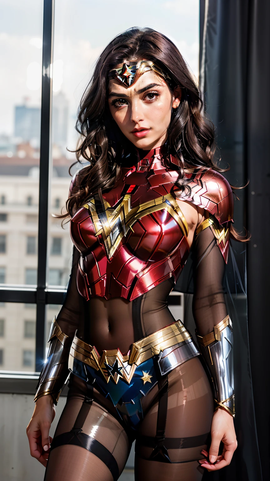 (Wonder Woman) in the style of Iron Man, beautiful face, gorgeous, incredibly attractive, palladium bodice, armored female chest piece, platinum battle skirt, platinum shin guards, ((feet in view)), (entire subject is in view), style of Marvel, thin, slim, athletic, small hips, small butt, ready for battle, shiny armor, palladium gauntlets, palladium tiara, realistic long wavy curly black hair (((shiny sheer transparent brown pantyhose))), smoky eyeshadow, long eyelashes, light pink lipstick, feminine, highly detailed, 4k, intense detail, masterpiece, UHD