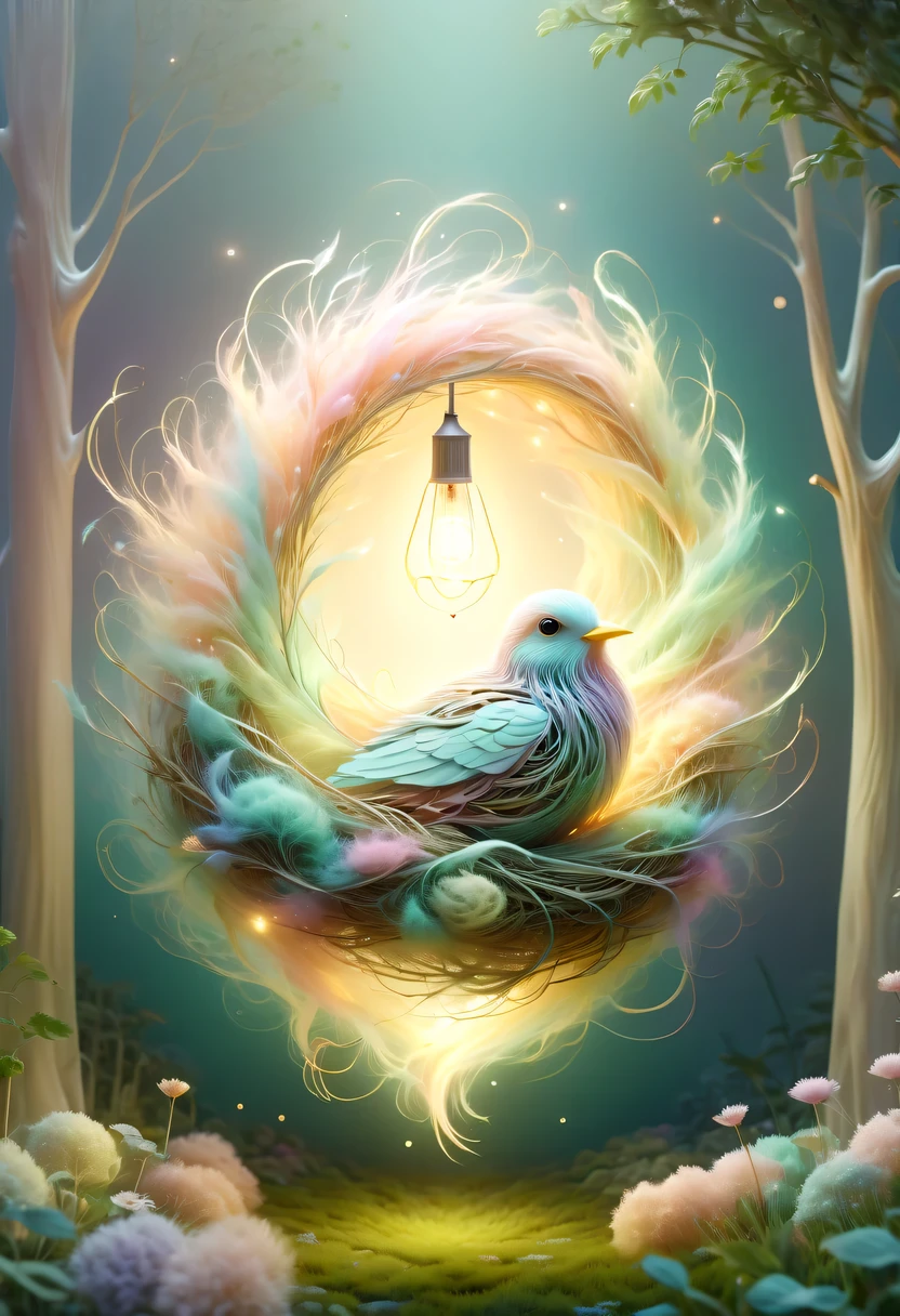 Nest，pastel tones，Light style，Comfortable and calm，nature，warm and cozy，garden，hyper detailed masterpiece, Dynamic, good quality,Floating Extra Large Elegant Light DonMW15pXL  