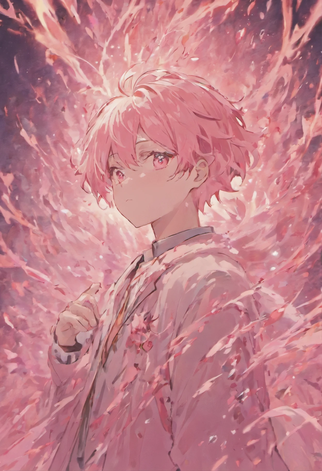 man, male, light pink hair, pink eyes, detailled background, high quality, masterpiece, high details