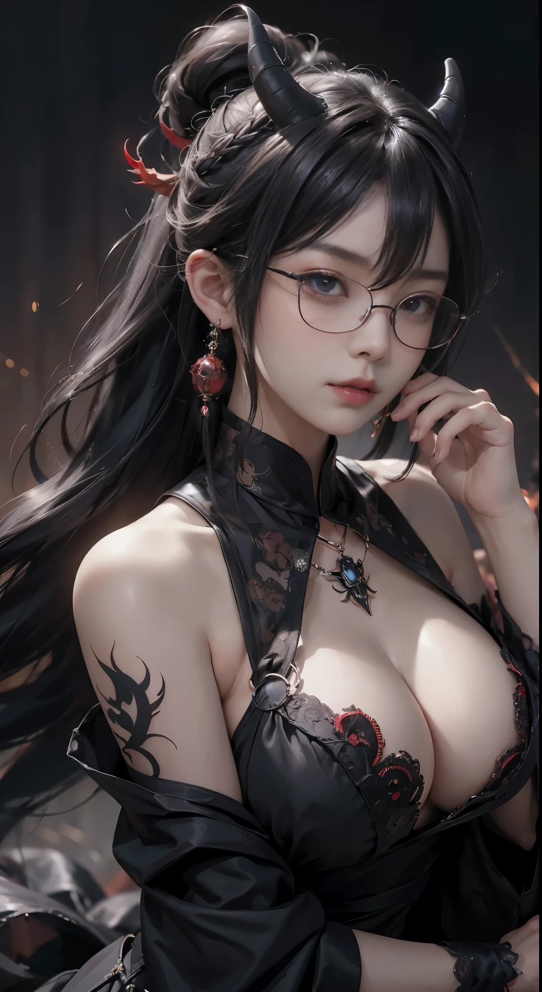 Are you okayですか、(best illustrations)、8k UHD resolution、intricate details、highest quality、realistic、Super detailed、best lighting、best shadows、soft lighting、Ultra HD、超realistic、Tyndall effect、Photoreal、(high detail skin:1.2)、 (intricate details, compensate, face to face with the children_v1:0.5), (Fine, beautiful and delicate face, Are you okay, beautiful and delicate eyes, perfectly proportioned face, high resolution skin, fine skin, Optimal ratio of 4 fingers and 1 thumb, arm under chest, red tattoo on lower abdomen、wow wow, wide hips, smooth abdomen, thin and thin skin, __fashion__, __hair__:1.25)、Digital single-lens reflex camera、 absurd、地獄から来た美しいdevilの女性, Surreal female portraits by David Hockney and Alphonse Mucha, Portrait of a seductive woman、fantasy art, chinese doll、Chinese actress、dungeon、dragon、devil'Palace of、devil'torture chamber、night、dark style 、in the dark、(detailed spooky background:0.8), magic、 1 girl、evil nun、dark necromancer、Succubus、devil'Daughter of、Shinonome Umi、bat wings,(((devil'horn)))、 ((((giant glasses, otaku glasses, thick glasses, round glasses)))),(((big breasts)))、(devil'tail of)、(red eyesは光り輝いて:1.6)、red eyesは非常に鮮明で詳細です, The eyes are made up very beautifully, ((red eyes:1.0)),intricate tattoo, demonic intricate tattoo, Tattoo on the thigh, body tattoo, masterpiece、the most beautiful face、baby face、cute smile、beautiful plump red lips、muscular seductive body、devil'seductive body、devil style、Fascinating black magic costume、(((光沢のある赤い蛇が彼女body ofに巻き付いています)))、The long-haired、Braid、Black hair、Ponytail distortion、, Ponytail with a bow tied at the back of the hair, beautiful expression、body up、big breasts強調、bust, super tight chest, Breast augmentation surgery, The chest is very large and round,tight waist、wide ass、 discreet key, cowboy lens, (Black Phoenix Dress: 1.0), devil crown, red sparkling gemstone necklace、Jewelry G Wise, Please wear black mesh socks,wearing a thin red and black robe, Hands pull the straps to expose sexy breasts, Protagonist Close-up, nffsw, nffsw, meet beautiful girls, looking at girl'body of,(upper body portrait), Protagonist Close-up