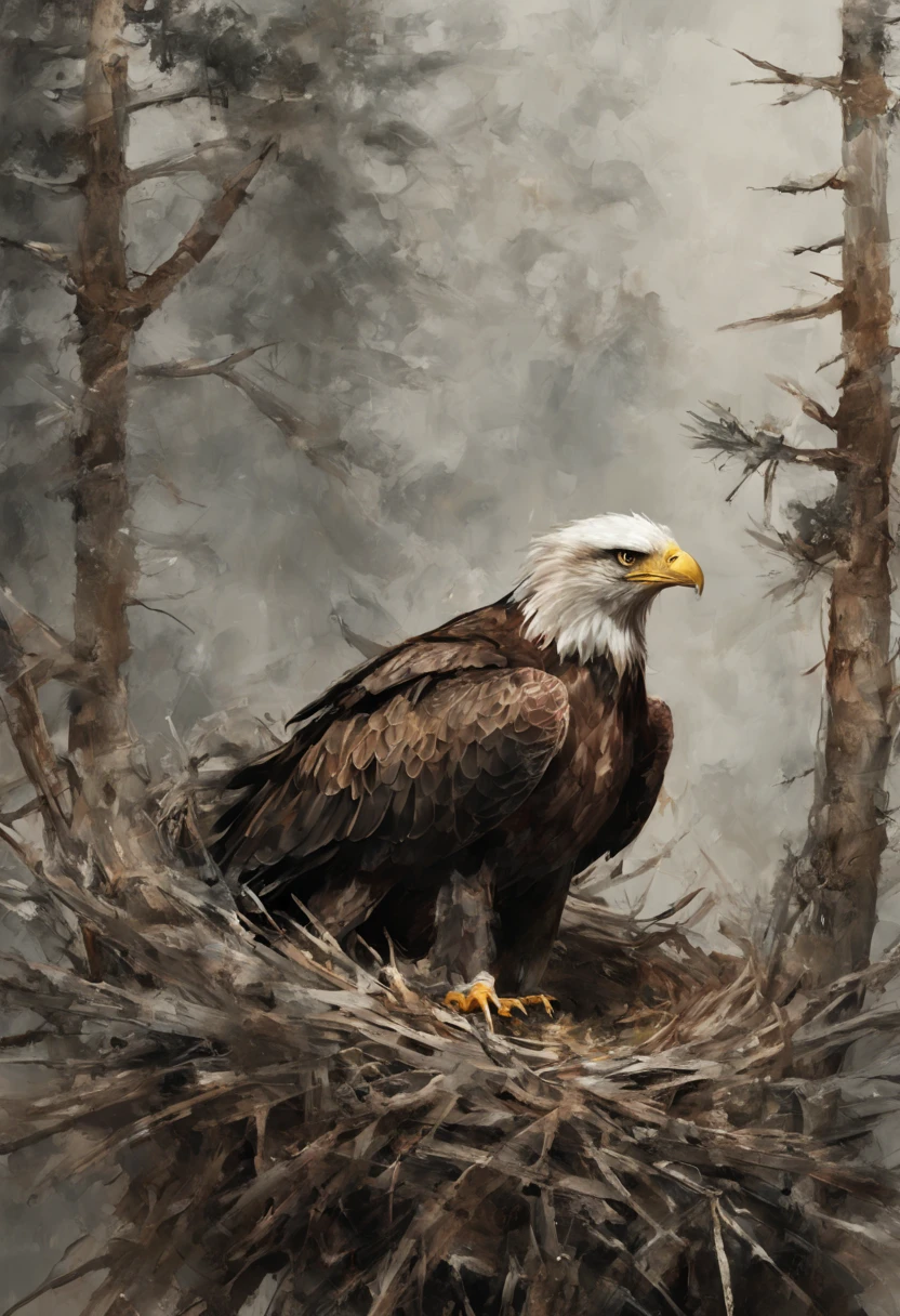 An eagle perched in its massive (nest:1.3), in a pine tree, natural colors, nature colors, Hyper-detailed messy mixed-media masterpiece painting, insanely detailed, by Russ Mills and Alberto Seveso and Agnes Cecile and Jean-Baptiste Monge, zoomed out, intensified cerebral spatterpaint, sharply detailed, sharp focus, uhd, light streaking up