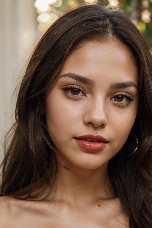 A close-up portrait shot of a latin brunette 20 years old with red lips and light brown eyes. Lighting should emphasize the details, specially her eyes and lips. Hair should be straight natural and middle long. Her facial expression should be relaxed and confident. Her skin tone should be olive. Background should be white and relaxed, emphasizing her realistic hair