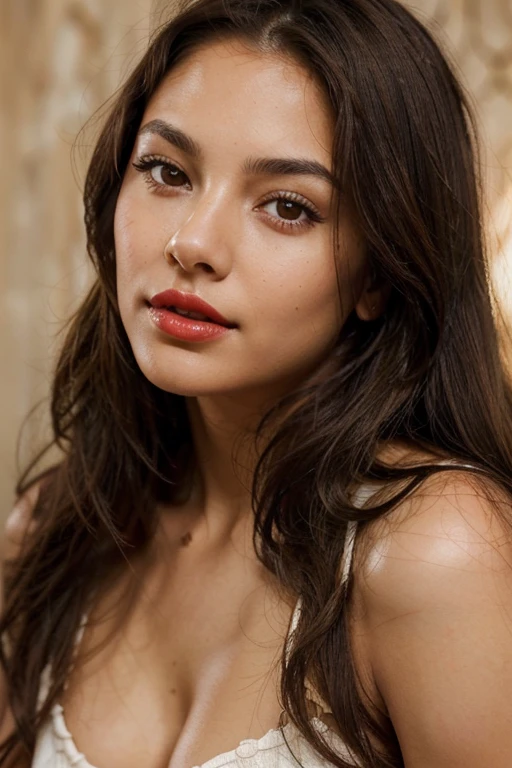 A close-up portrait shot of a latin brunette 20 years old with red lips and light brown eyes. Lighting should emphasize the details, specially her eyes and lips. Hair should be straight natural and middle long. Her facial expression should be relaxed and confident. Her skin tone should be olive. Background should be white and relaxed, emphasizing her realistic hair