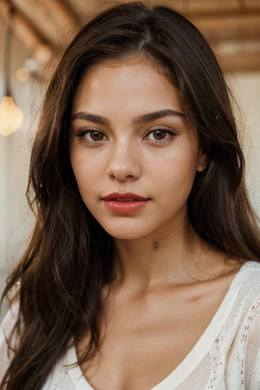 A close-up portrait shot of a latin brunette 20 years old with red lips and light brown eyes. Lighting should emphasize the details, specially her eyes and lips. Hair should be straight natural and middle long. Her facial expression should be relaxed and confident. Her skin tone should be olive. Background should be white and relaxed, emphasizing her realistic hair