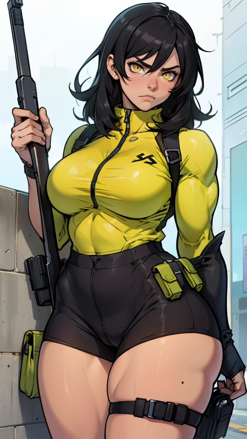 muscular girl thick thick thick black hair yellow eyes pale sad weapon holster thick breasts