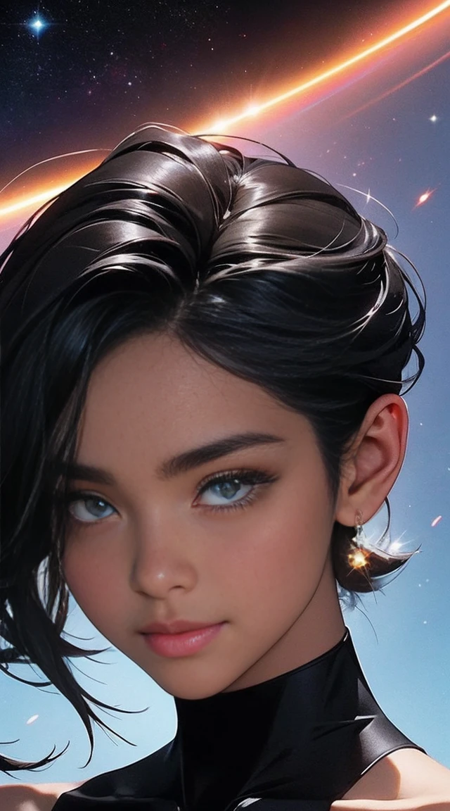 A totally black, skin black like a blackhole in a space, have sparkle in your skin like a million of stars glowing. Your eyes are the most beautiful Galaxy, she is covered by Galaxy materials clothes. She have a simple spectacular smile and a halo of Saturn in your head.