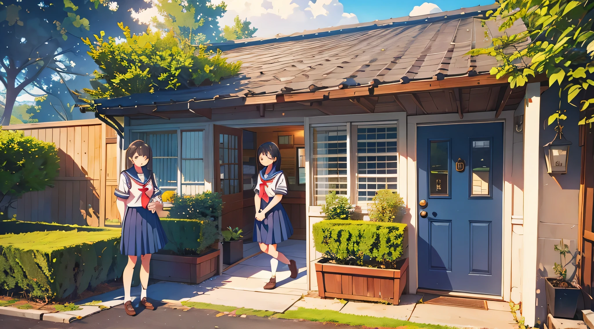manga, super detailed, Best quality, young woman, Leaving the house, The door, Three friends smiling on the street, in the garden, school uniform, full view, uncropped