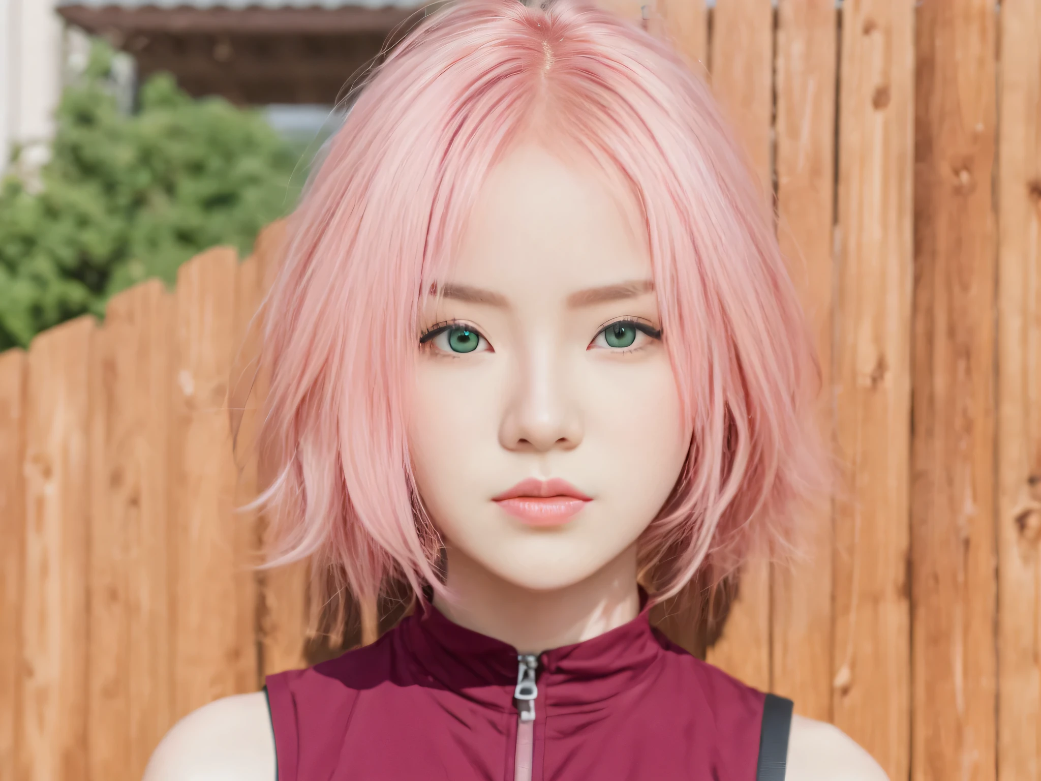 anime girl with pink hair and green eyes standing in front of a fence, it has a piercing gaze, serene expression, pink iconic character, with pink hair