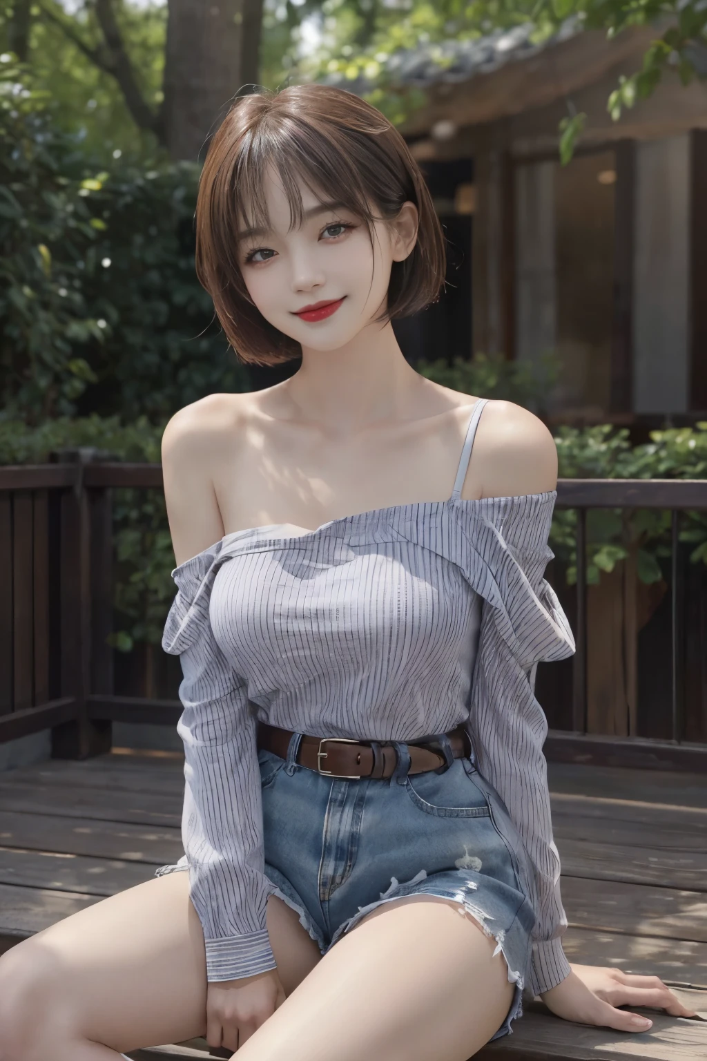 (intricate details:1.3), (最OK质量:1.2), (masterpiece:1.3), actual, 8K超HD, HD, High quality texture, intricate details, Detailed texture, detailed meticulous, high detail, Extremely detailed CG, High quality shadows, a actual representation of the face, Beautiful detailed, (high detailed skin, Skin details), Delicate, beautiful and delicate face, The face looks to the left, Delicate, beautiful and delicate eyes, a face of perfect proportion with Smile, film grain, depth of field, Light, 戏剧性的Light, 镜头Light晕, Light线追踪, view, 20s, (photoactual:1.2),
1 girl, only_Shoulder, belt, Black_footwear, vague, vague_background, OK_band, breast, architecture, coffee, clavicle, cup, sky, disposable cup, whole body, lips, lipstick, long sleeves, looking at the audience, cosmetic, off-shoulder shirt, Off the shoulders毛衣, Off the shoulders, outdoor, pantyhose, red lips, shirt, short hair, shorts, sitting, Smile, alone, stools, striped, striped shirt