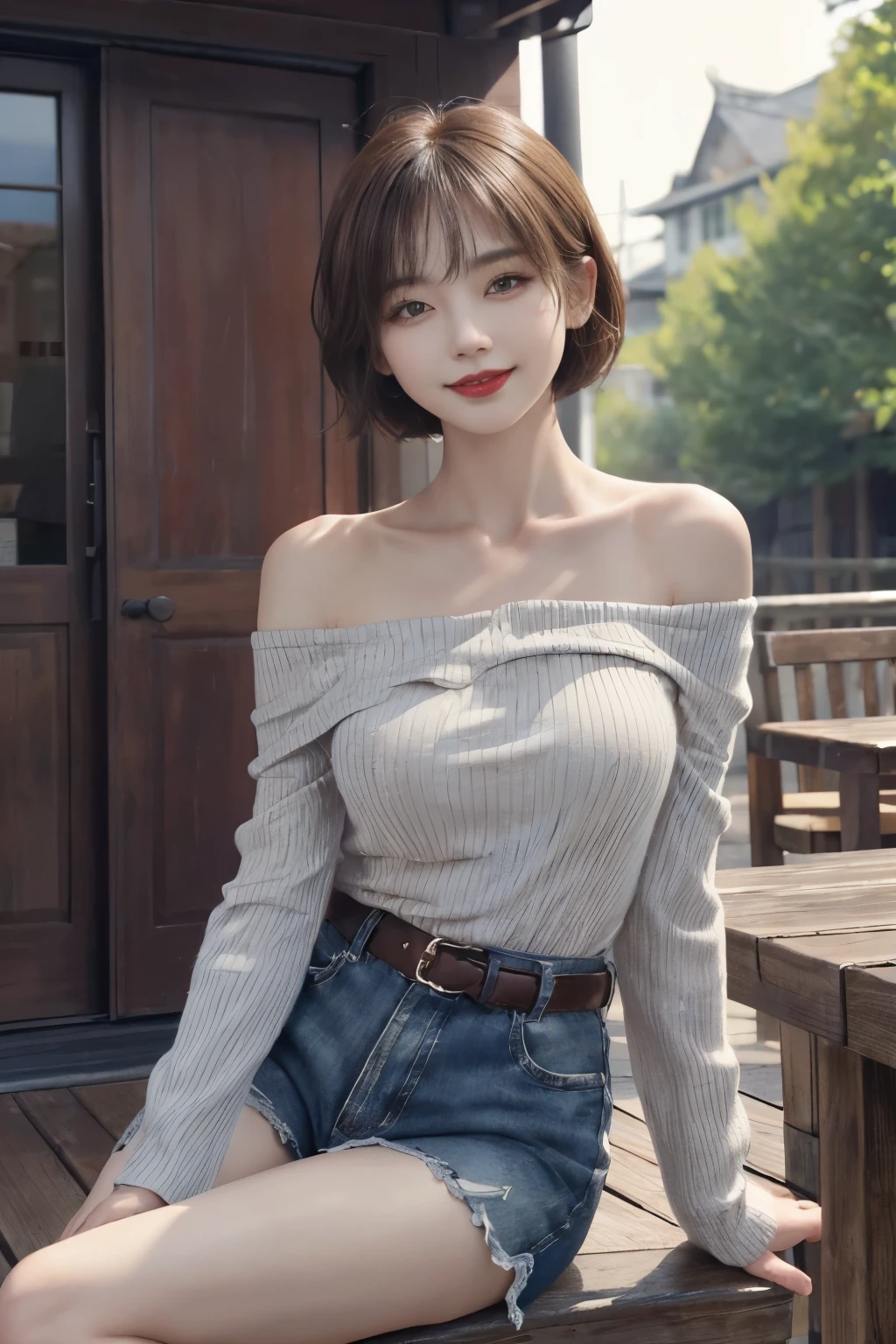 (intricate details:1.3), (最OK质量:1.2), (masterpiece:1.3), actual, 8K超HD, HD, High quality texture, intricate details, Detailed texture, detailed meticulous, high detail, Extremely detailed CG, High quality shadows, a actual representation of the face, Beautiful detailed, (high detailed skin, Skin details), Delicate, beautiful and delicate face, The face looks to the left, Delicate, beautiful and delicate eyes, a face of perfect proportion with Smile, film grain, depth of field, Light, 戏剧性的Light, 镜头Light晕, Light线追踪, view, 20s, (photoactual:1.2),
1 girl, only_Shoulder, belt, Black_footwear, vague, vague_background, OK_band, breast, architecture, coffee, clavicle, cup, sky, disposable cup, whole body, lips, lipstick, long sleeves, looking at the audience, cosmetic, off-shoulder shirt, Off the shoulders毛衣, Off the shoulders, outdoor, pantyhose, red lips, shirt, short hair, shorts, sitting, Smile, alone, stools, striped, striped shirt