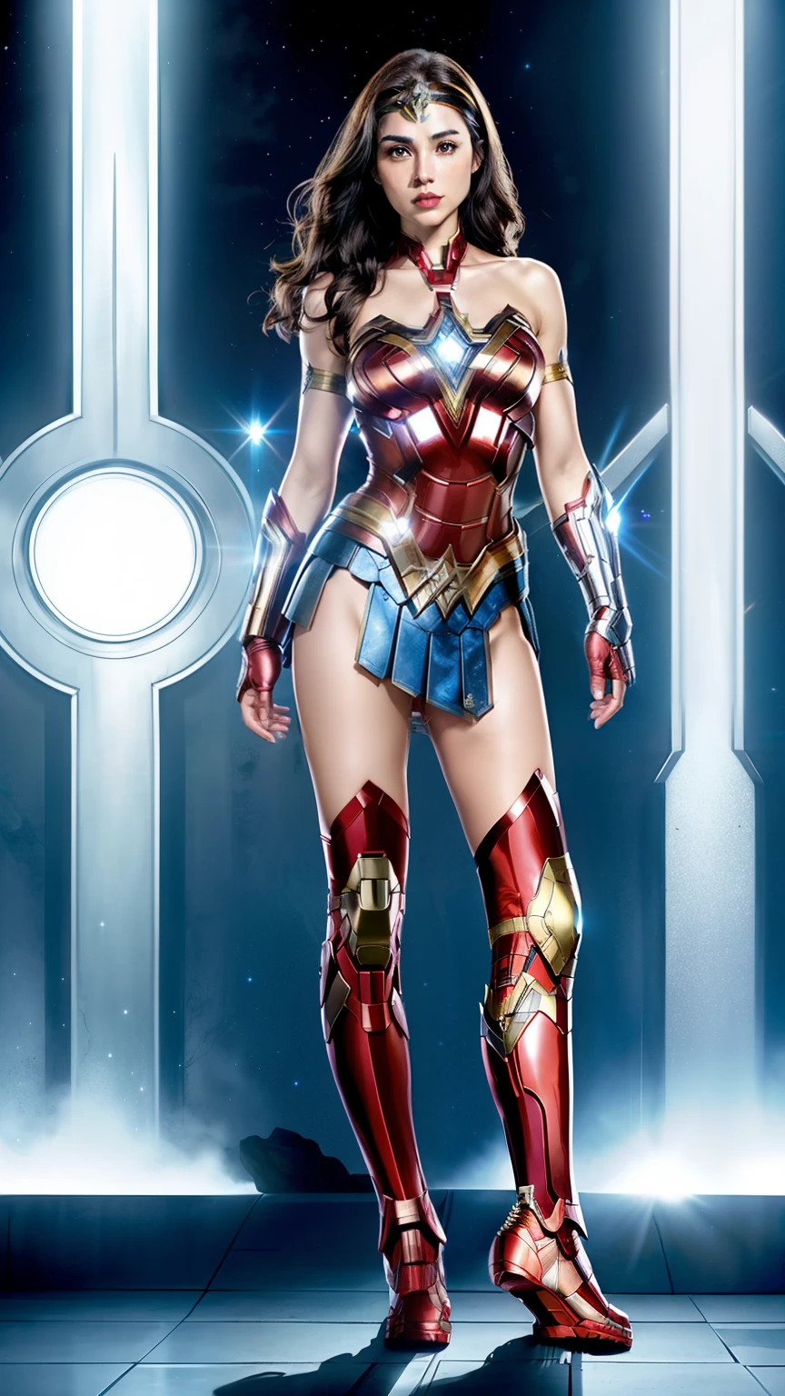 (Wonder Woman) in the style of Iron Man, beautiful face, gorgeous, incredibly attractive, palladium bodice, armored female chest piece, platinum battle skirt, platinum shin guards, ((feet in view)), style of Marvel, thin, slim, athletic, small hips, small butt, ready for battle, shiny armor, palladium gauntlets, palladium tiara, realistic long wavy curly black hair, (entire subject is in view), (((shiny sheer transparent brown pantyhose))), smoky eyeshadow, long eyelashes, light pink lipstick, feminine, highly detailed, 4k, intense detail, masterpiece, UHD