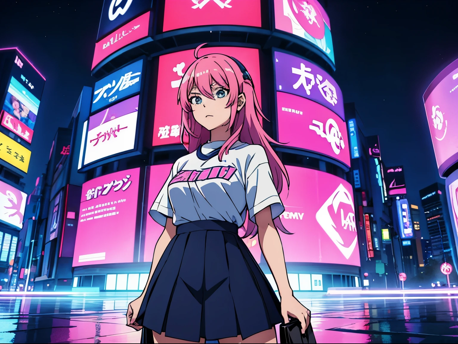 1anime girl with blue and pink hair, a sexy girl, Average Breasts, Synthwave Style Work, Against the backdrop of Tokyo at night and a detailed city, Beautiful reflections of light, Dynamic Scene, Ordinary women's streetwear, Girl in a skirt, Beautiful Light