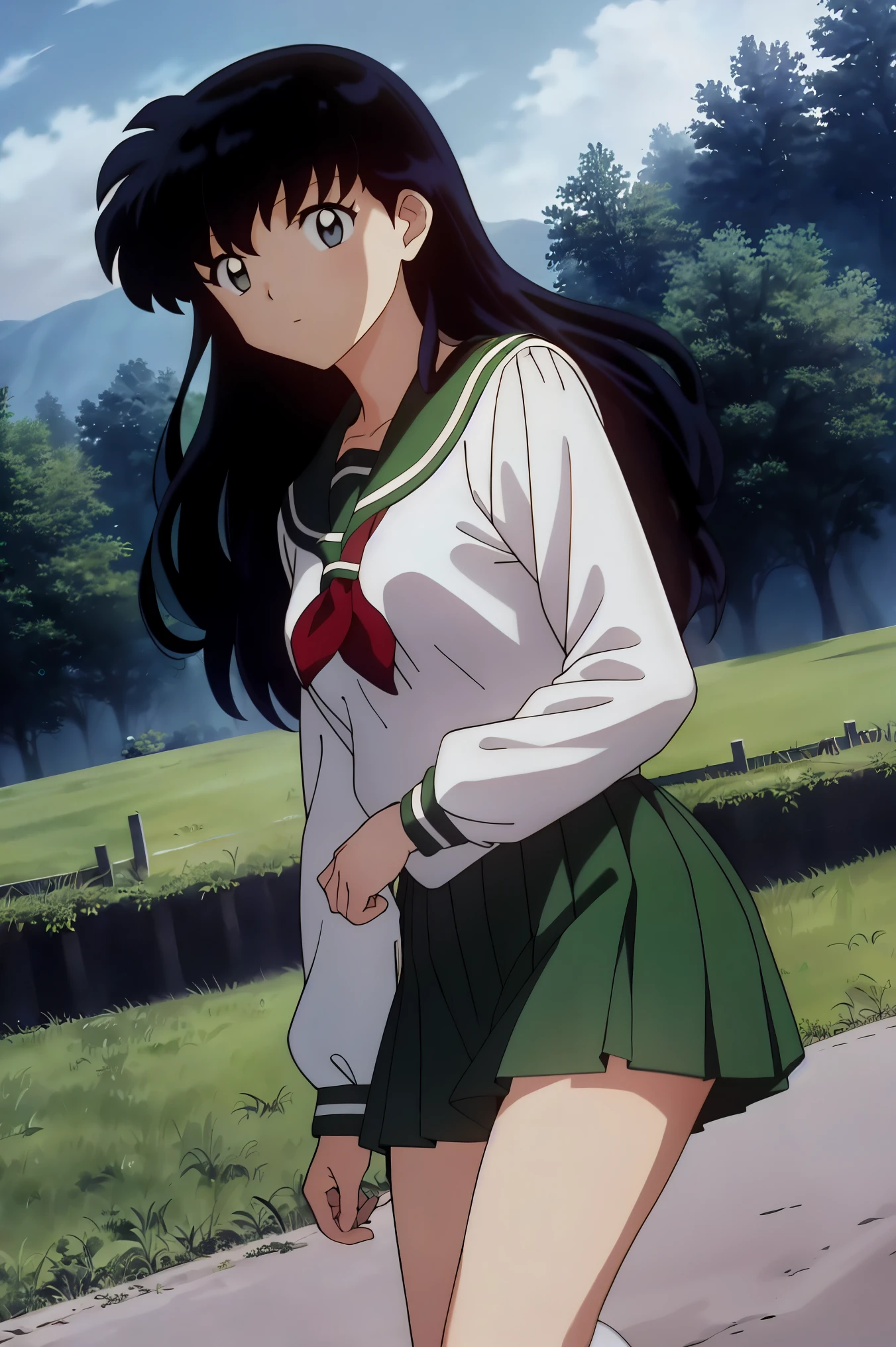 (Masterpiece: 1.6, Best Quality), (Fine Beautiful Eyes: 1.2), (best quality, masterpiece, highres), kagome higurashi, 1girl, solo, green school uniform, soft thighs , long sleeves, white socks, scenery , Best Quality, ((anime)) ((Colored)) HD, ,Standing, Green skirt, Red scarf, long  hair, Black hair between the eyes, Thighs are soft, school background