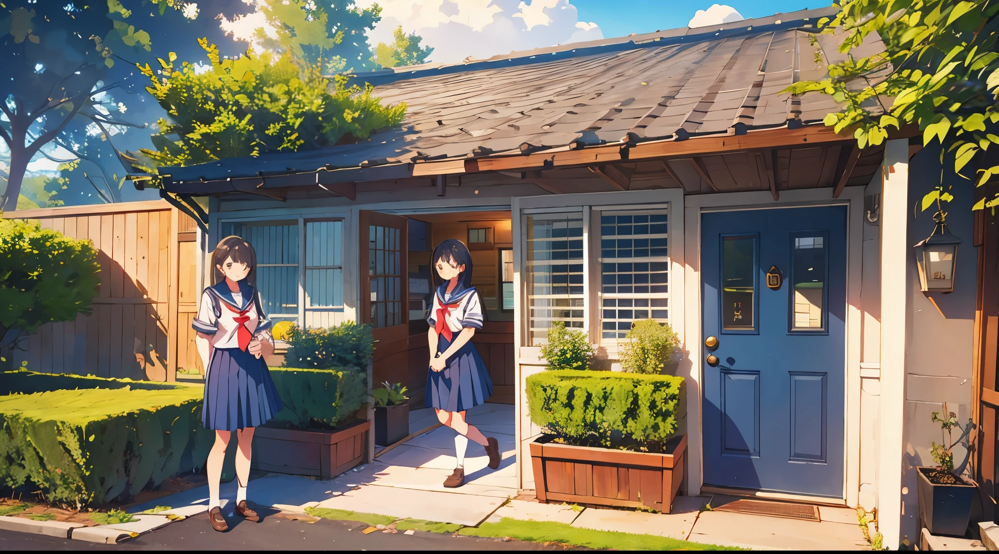 manga, super detailed, best quality, teenage girl, leaving the house, door, 3 friends smiling outside, in the garden, school uniform, full-length view, uncropped