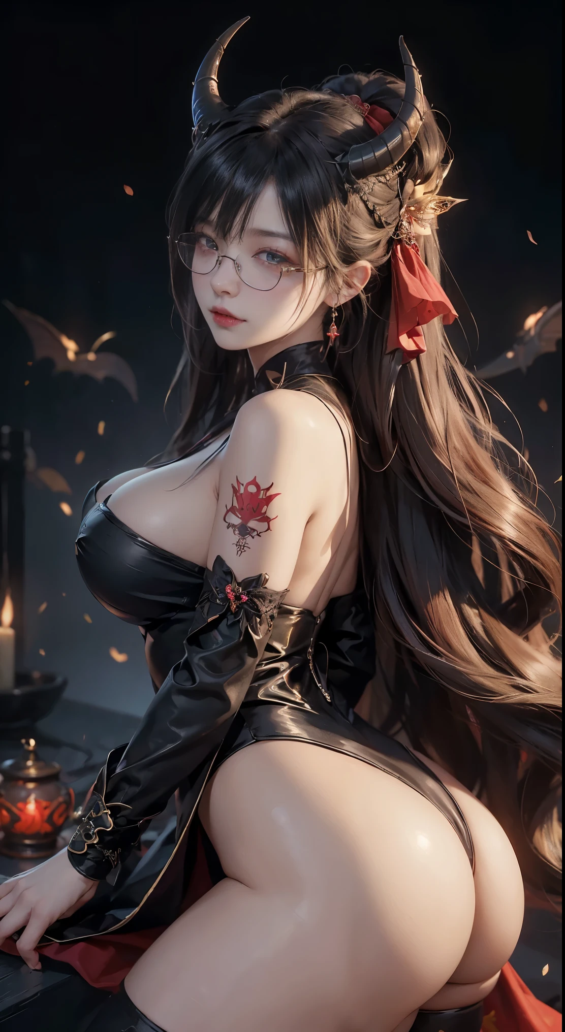 Are you okayですか、(best illustrations)、8k UHD resolution、intricate details、highest quality、realistic、Super detailed、best lighting、best shadows、soft lighting、Ultra HD、超realistic、Tyndall effect、Photoreal、(high detail skin:1.2)、 (intricate details, compensate, face to face with the children_v1:0.5), (Fine, beautiful and delicate face, Are you okay, beautiful and delicate eyes, perfectly proportioned face, high resolution skin, fine skin, Optimal ratio of 4 fingers and 1 thumb, arm under chest, red tattoo on lower abdomen、wow wow, wide hips, smooth abdomen, thin and thin skin, __fashion__, __hair__:1.25)、Digital single-lens reflex camera、 absurd、地獄から来た美しいdevilの女性, Surreal female portraits by David Hockney and Alphonse Mucha, Portrait of a seductive woman、fantasy art, chinese doll、Chinese actress、dungeon、dragon、devil'Palace of、devil'torture chamber、night、dark style 、in the dark、(detailed spooky background:0.8), magic、 1 girl、evil nun、dark necromancer、Succubus、devil'Daughter of、Shinonome Umi、bat wings,(((devil'horn)))、 ((((giant glasses, otaku glasses, thick glasses, round glasses)))),(((big breasts)))、(devil'tail of)、(red eyesは光り輝いて:1.6)、red eyesは非常に鮮明で詳細です, The eyes are made up very beautifully, ((red eyes:1.0)),intricate tattoo, demonic intricate tattoo, Tattoo on the thigh, body tattoo, masterpiece、the most beautiful face、baby face、cute smile、beautiful plump red lips、muscular seductive body、devil'seductive body、devil style、Fascinating black magic costume、(((光沢のある赤い蛇が彼女body ofに巻き付いています)))、The long-haired、Braid、Black hair、Ponytail distortion、, Ponytail with a bow tied at the back of the hair, beautiful expression、body up、big breasts強調、bust, super tight chest, Breast augmentation surgery, The chest is very large and round,tight waist、wide ass、 discreet key, cowboy lens, (Black Phoenix Dress: 1.0), devil crown, red sparkling gemstone necklace、Jewelry G Wise, Please wear black mesh socks,wearing a thin red and black robe, Hands pull the straps to expose sexy breasts, Protagonist Close-up, nffsw, nffsw, meet beautiful girls, looking at girl'body of,(upper body portrait), Protagonist Close-up