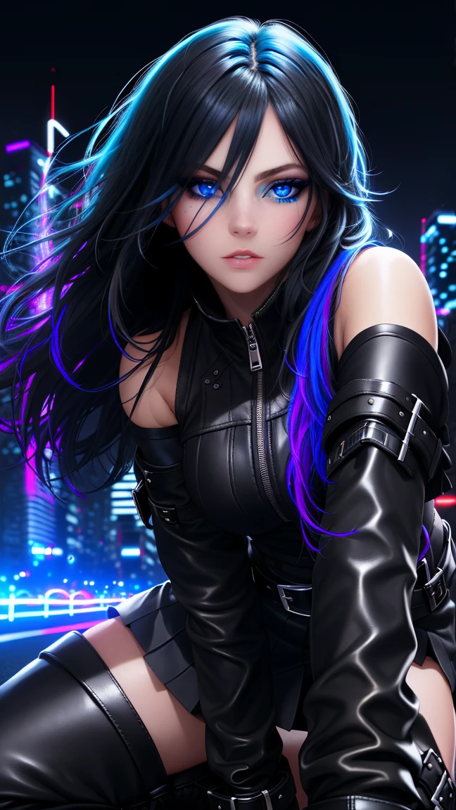 beautiful girl, full body, bright blue neon streaked dishevelled hair, ((large light realistic detailed eyes:1.3)), ((seductive pose:1.5)), black eyeshadow, (street style wear:1.2), ((tight fitted short skirt)), ((thigh high leather boots:1.3)), ((dark city night black background:1.4)), dark makeup, digital art, trending on artstation, highly detailed, fine detail, intricate, beautiful detailed glow, detailed, Cinematic light, high-res, detailed facial features, sharp focus, smooth, aesthetic,