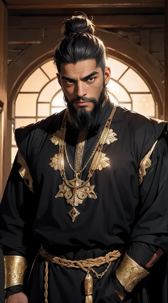 A black man of 50 years old, strong and happy expression, strong eyebrows, golden eyes, long shoulder-length black hair with a high bun, well groomed beard. He use medieval clothes 16k, best quality masterpiece. Background is a desert