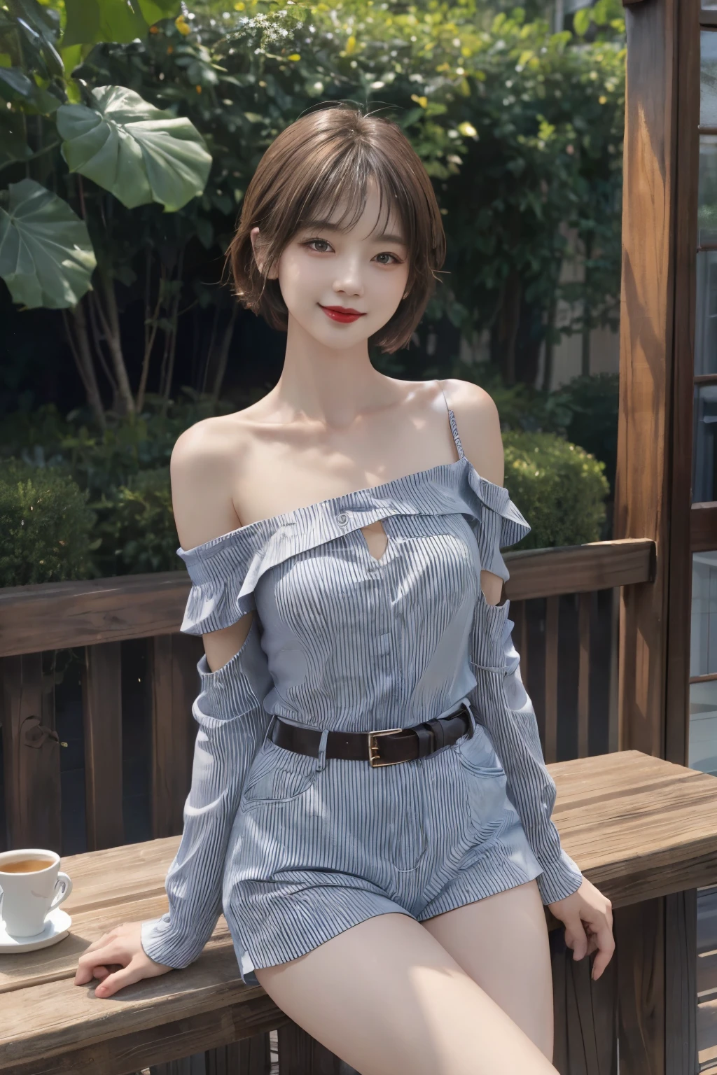 (intricate details:1.3), (最OK质量:1.2), (masterpiece:1.3), actual, 8K超HD, HD, High quality texture, intricate details, Detailed texture, detailed meticulous, high detail, Extremely detailed CG, High quality shadows, a actual representation of the face, Beautiful detailed, (high detailed skin, Skin details), Delicate, beautiful and delicate face, The face looks to the left, Delicate, beautiful and delicate eyes, a face of perfect proportion with Smile, film grain, depth of field, Light, 戏剧性的Light, 镜头Light晕, Light线追踪, view, 20s, (photoactual:1.2),
1 girl, only_Shoulder, belt, Black_footwear, vague, vague_background, OK_band, breast, architecture, coffee, clavicle, cup, sky, disposable cup, whole body, lips, lipstick, long sleeves, looking at the audience, cosmetic, off-shoulder shirt, Off the shoulders毛衣, Off the shoulders, outdoor, pantyhose, red lips, shirt, short hair, shorts, sitting, Smile, alone, stools, striped, striped shirt