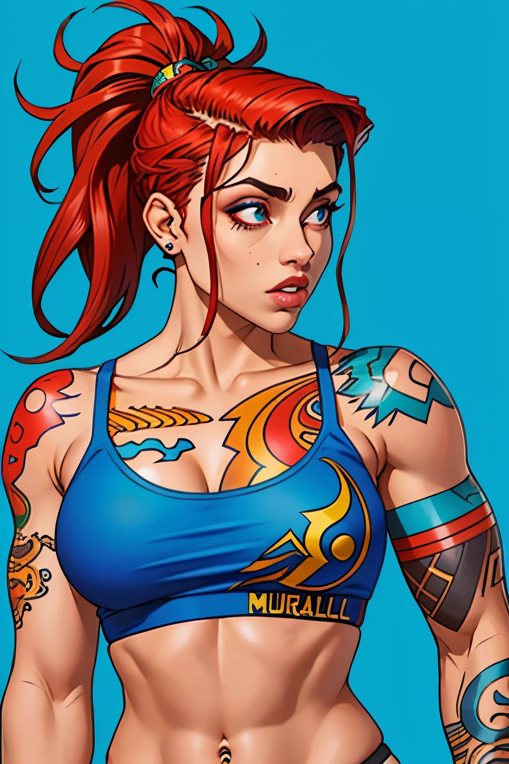 Garota musculosa de cabelo undercut, com tatuagens coloridas, usando calca de couro, camisa de rock do Metallica
