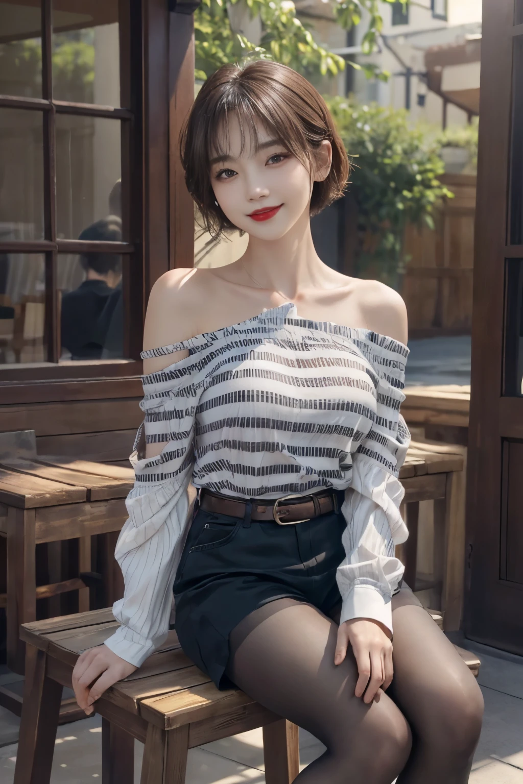(intricate details:1.3), (最OK质量:1.2), (masterpiece:1.3), actual, 8K超HD, HD, High quality texture, intricate details, Detailed texture, detailed meticulous, high detail, Extremely detailed CG, High quality shadows, a actual representation of the face, Beautiful detailed, (high detailed skin, Skin details), Delicate, beautiful and delicate face, The face looks to the left, Delicate, beautiful and delicate eyes, a face of perfect proportion with Smile, film grain, depth of field, Light, 戏剧性的Light, 镜头Light晕, Light线追踪, view, 20s, (photoactual:1.2),
1 girl, only_Shoulder, belt, Black_footwear, vague, vague_background, OK_band, breast, architecture, coffee, clavicle, cup, sky, disposable cup, whole body, lips, lipstick, long sleeves, looking at the audience, cosmetic, off-shoulder shirt, Off the shoulders毛衣, Off the shoulders, outdoor, pantyhose, red lips, shirt, short hair, shorts, sitting, Smile, alone, stools, striped, striped shirt