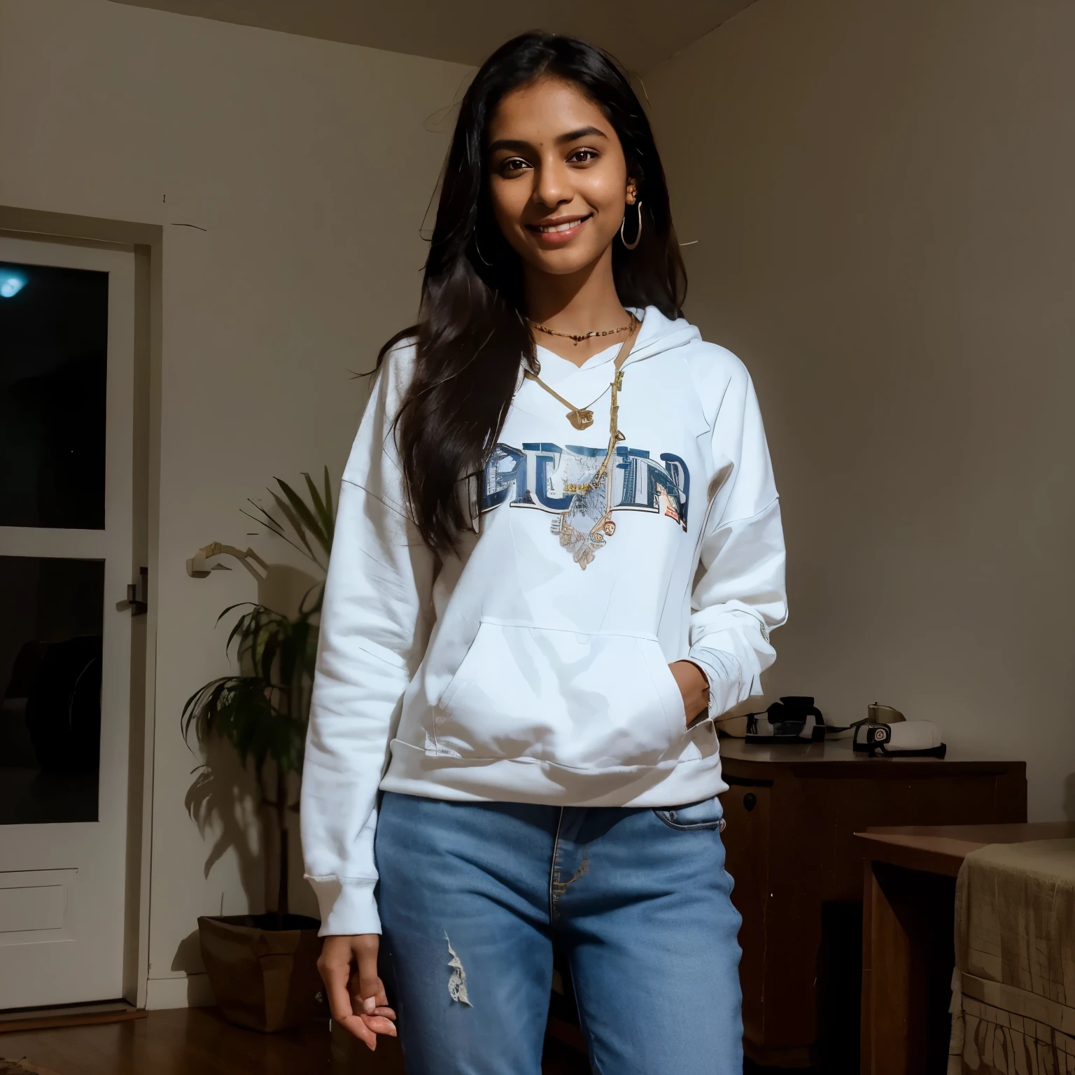 dark skinned,skinny girl, indian girl, indian traditionals, smiling, earrings,necklace,white sneakers, around 40 years, baggy hoodie, skinny jeans, midnight,indoors,best quality,realistic, reading a textbook