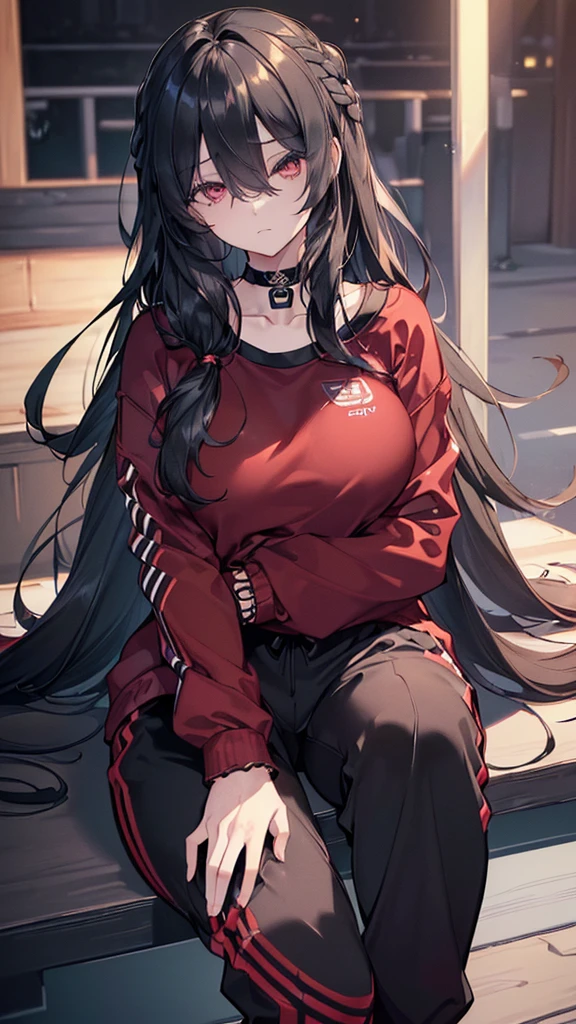 (((((extremely detailed CG unity 8k wallpaper)))), (((ultra-detailed))), (((extremely detailed))), (((best illustration))), best illumination, ((extremely delicate and beautiful)), ((an extremely delicate and beautiful girl)), colorful, modern, (tokyo (city)), ((girl (solo))), ((human)), ((finely detailed beautiful eyes and detailed face)), ((((black hair)))), (((really long hair))), (((hair over right eyes:1.9))), dark hair, ((red eyes(empty))), beautiful detailed eyes, mature female, 155cm height, kind girl, ((black choker)), slender, big breast, (((intricate details))), (black and red sweatshirt), (black jogger pants), (sport shoes), bishoujo, expressionless, gentle