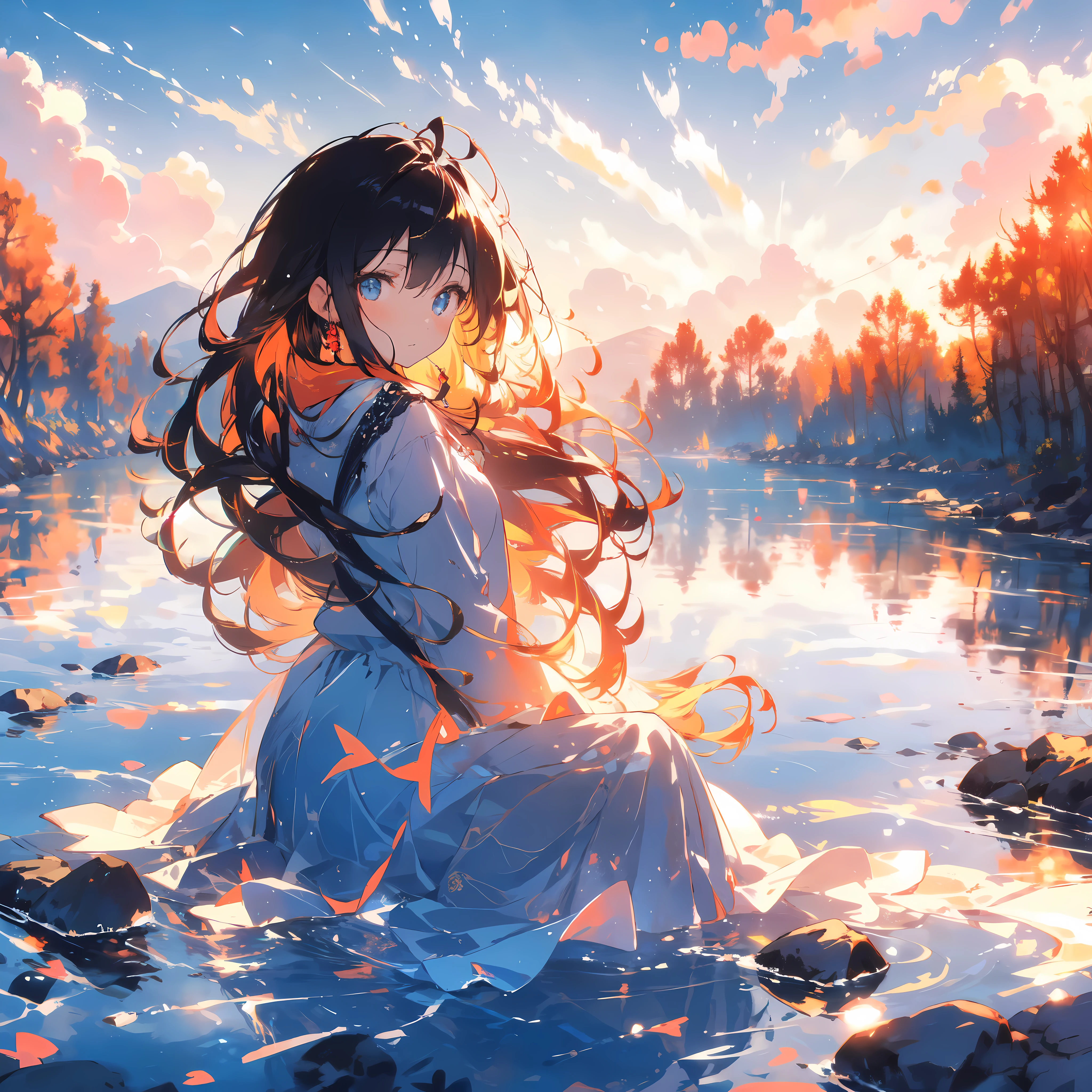 1 girl, serene expression, mesmerizing eyes, straight long hair, flowing dress, poised posture, porcelain skin, subtle blush, crystal pendant BREAK golden hour, (rim lighting):1.2, warm tones, sun flare, soft shadows, vibrant colors, painterly effect, dreamy atmosphere BREAK scenic lake, distant mountains, willow tree, calm water, reflection, sunlit clouds, peaceful ambiance, idyllic sunset, ultra detailed, official art, unity 8k wallpaper , zentangle, mandala