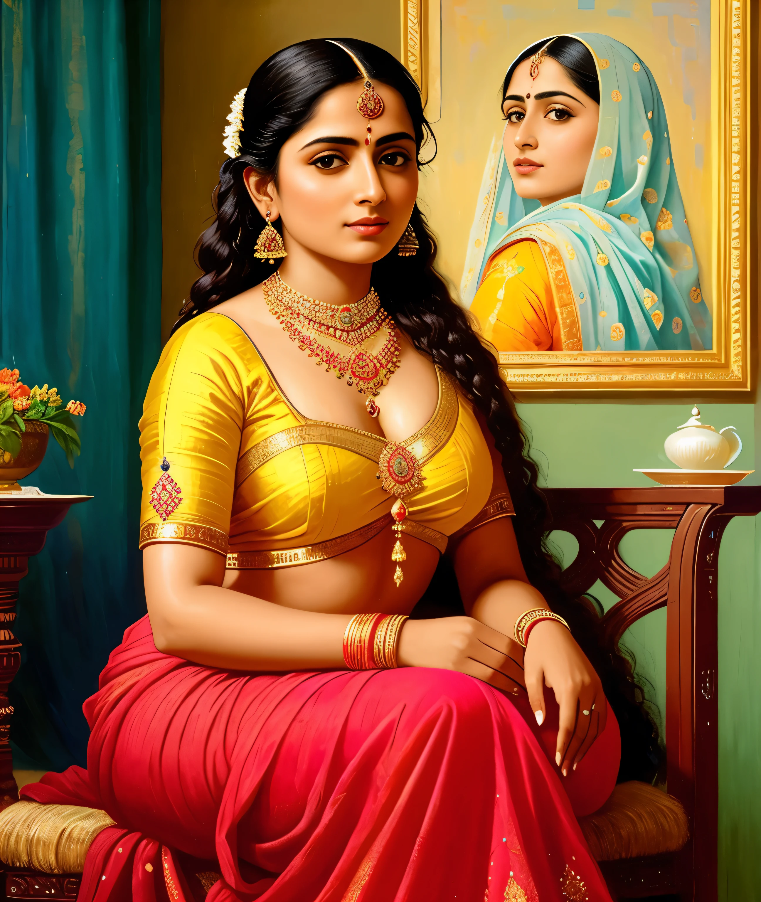 ((( by artist Raja Ravi Varma ))), Nair Lady taking bath in a water falls, see through dress, licking lips, (big boobs:1.2), deep cleavage, wearing thin red lace see-through, red lips, seductive gaze, posing provocatively, innocently, make love with girl real photo volumetric lighting, photo-realistic, ultra detailed, best quality, Realistic, 8K, ultra-detailed, Unreal Engine, midjourney art style