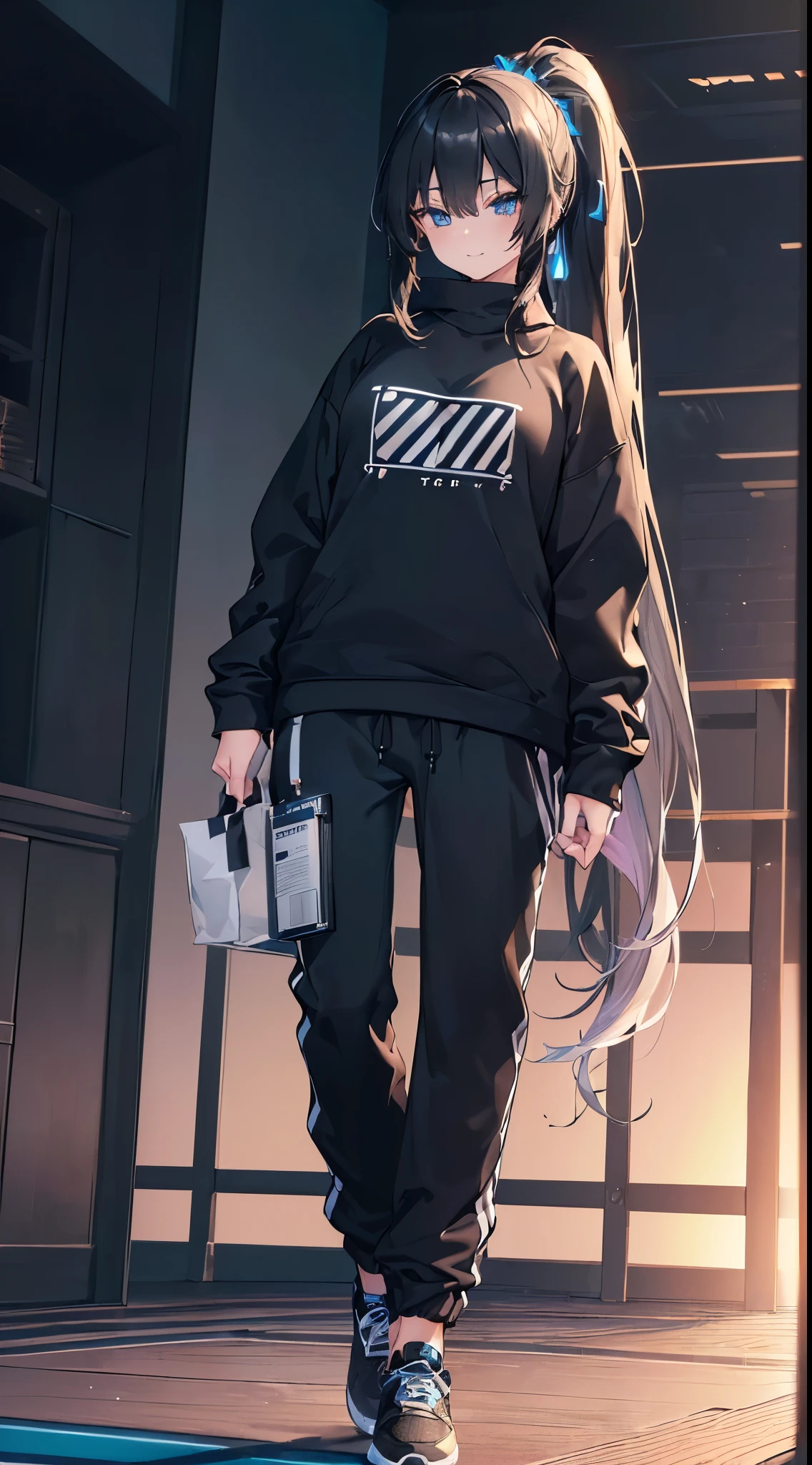 (((((extremely detailed CG unity 8k wallpaper)))), (((ultra-detailed))), (((extremely detailed))), (((best illustration))), best illumination, ((extremely delicate and beautiful)), ((an extremely delicate and beautiful girl)), colourful, modern, (tokyo (city)), ((girl (solo))), ((finely detailed beautiful eyes and detailed face)), (((black hair))), ((really long hair)), (((long ponytail))), no bangs, shiny hair, ((blue eyes(glowing))), beautiful detailed eyes, mature female, delinquent girl, slender, medium breast, (((intricate details))), (black and blue sweatshirt), (black jogger pants), sport shoes, bishoujo, smile, cold stare, cool