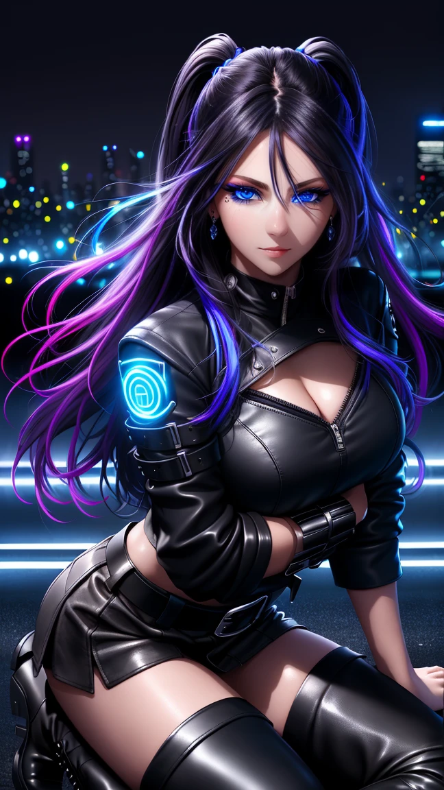 beautiful girl, full body, bright blue neon streaked dishevelled hair, ((large light realistic detailed eyes:1.3)), ((seductive pose:1.5)), black eyeshadow, (street style wear:1.2), ((tight fitted short skirt)), ((thigh high leather boots:1.3)), ((dark city night black background:1.4)), dark makeup, digital art, trending on artstation, highly detailed, fine detail, intricate, beautiful detailed glow, detailed, Cinematic light, high-res, detailed facial features, sharp focus, smooth, aesthetic,