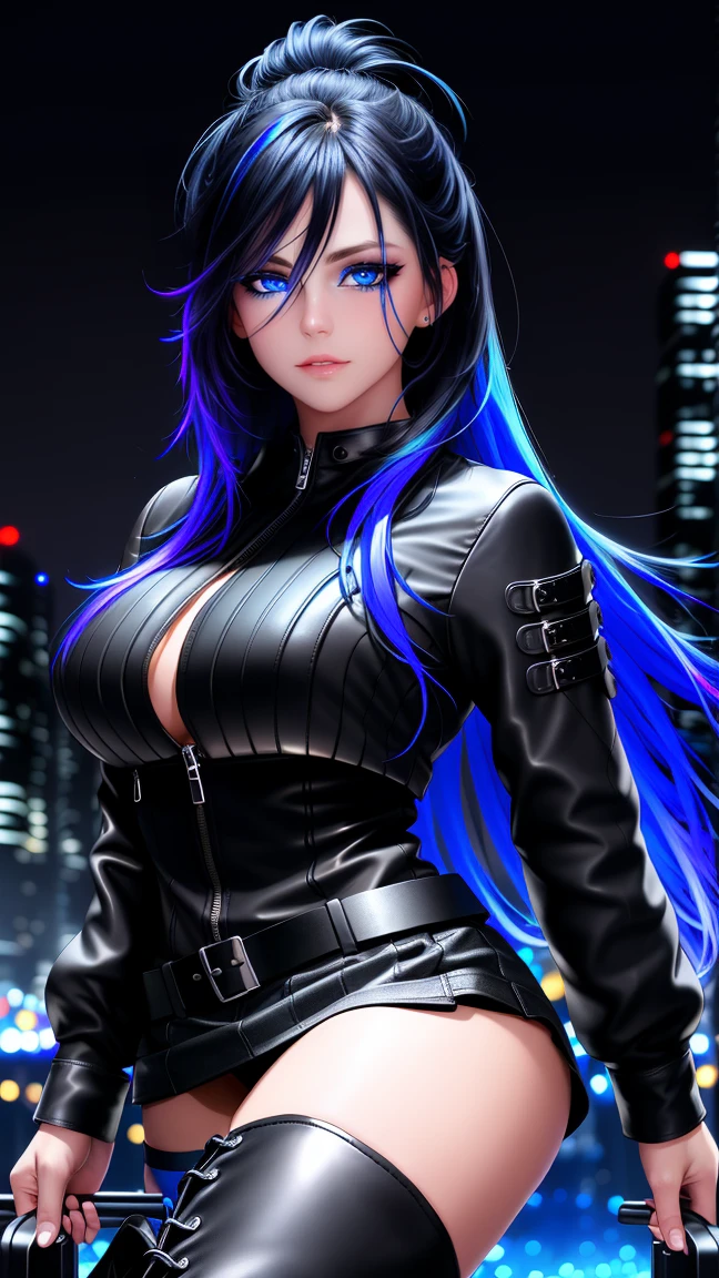 beautiful girl, full body, bright blue neon streaked dishevelled hair, ((large light realistic detailed eyes:1.3)), ((seductive pose:1.5)), black eyeshadow, (street style wear:1.2), ((tight fitted short skirt)), ((thigh high leather boots:1.3)), ((dark city night black background:1.4)), dark makeup, digital art, trending on artstation, highly detailed, fine detail, intricate, beautiful detailed glow, detailed, Cinematic light, high-res, detailed facial features, sharp focus, smooth, aesthetic,