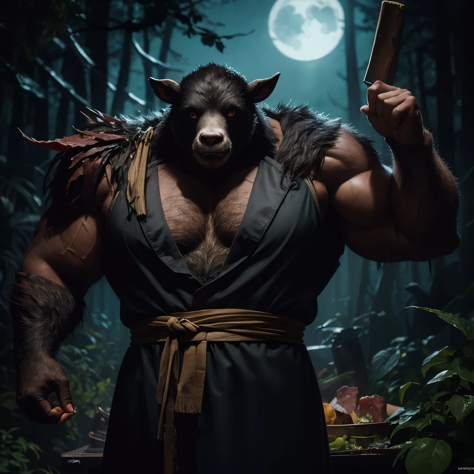 a close-up of a man in a night black apron and a goat mask in a night forest, big BUTCHER man posing scarily em uma floresta noturna, man bear porco, giant porco, BUTCHER, porco, porcogy, fat and ripped satanic creature, cara de couro, arte de personagem de motor irreal, ogre chef em um avental, covered in organic meat, pele de espalhamento subsuperficial, anthropomorphic warrior porcolet