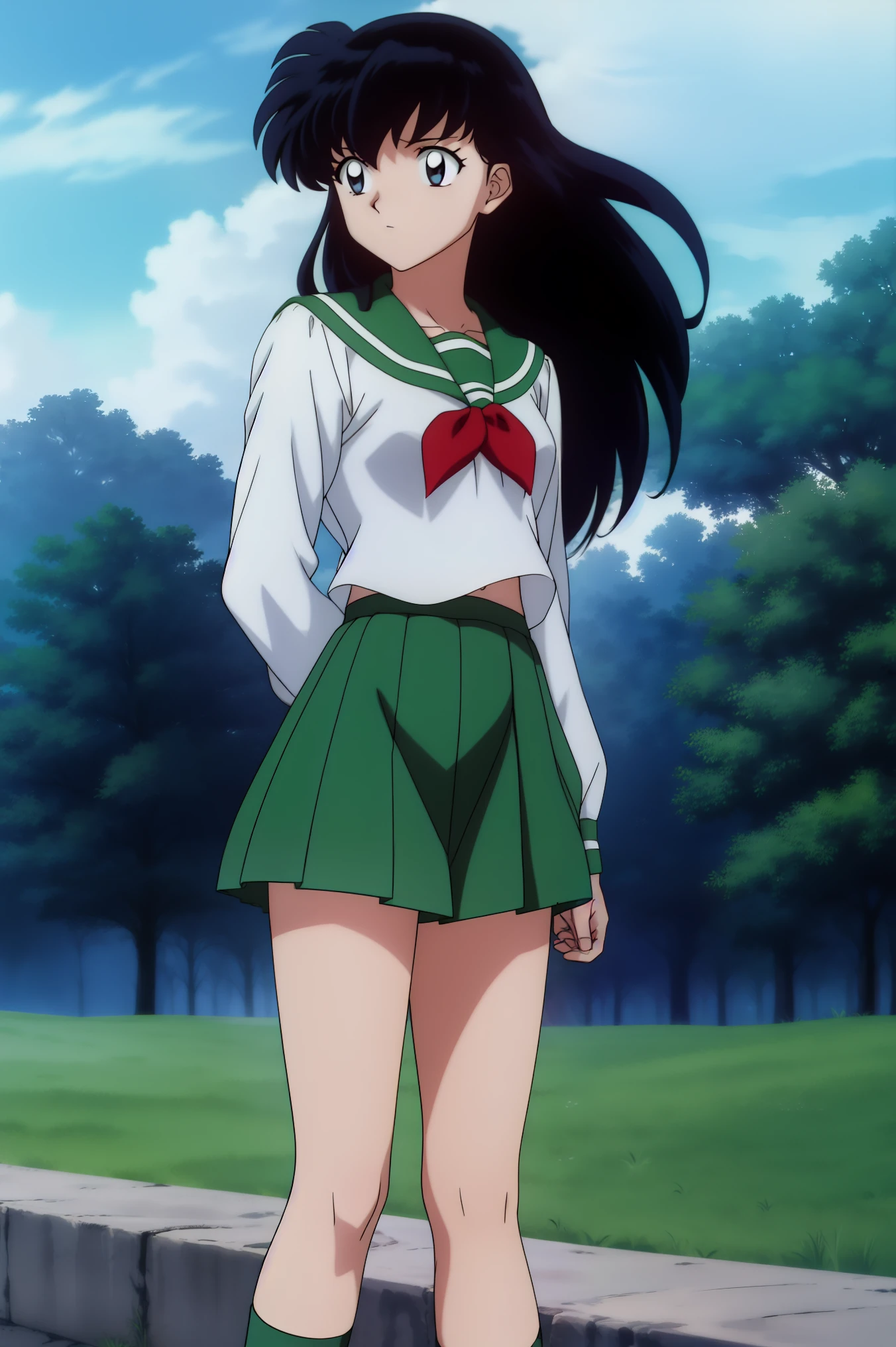 (Masterpiece: 1.6, Best Quality), (Fine Beautiful Eyes: 1.2), (best quality, masterpiece, highres), kagome higurashi, 1girl, solo, green school uniform, soft thighs , long sleeves, white socks, scenery , Best Quality, ((anime)) ((Colored)) HD, ,Standing, Green skirt, Red scarf, long  hair, Black hair between the eyes, Thighs are soft, school background